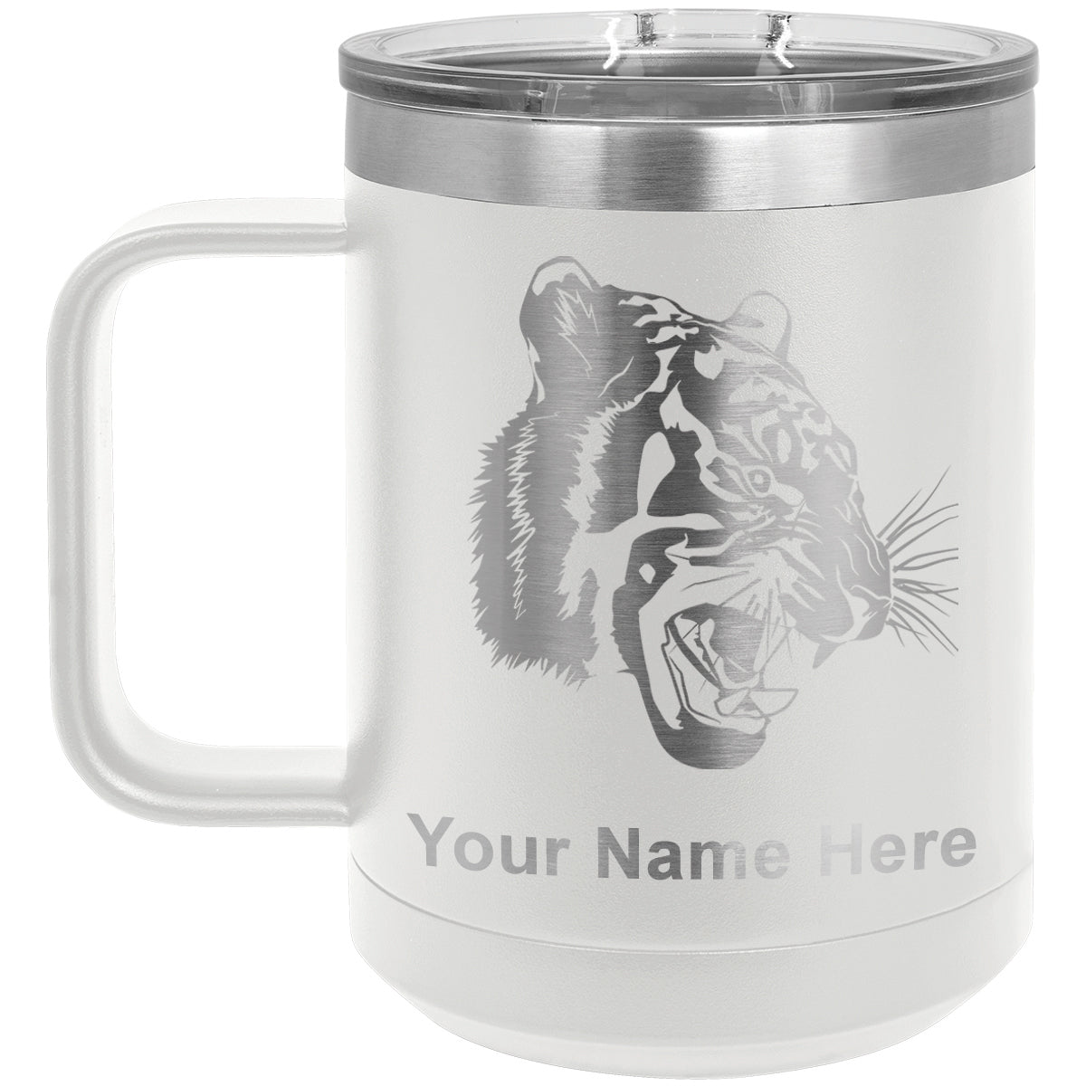 15oz Vacuum Insulated Coffee Mug, Tiger Head, Personalized Engraving Included