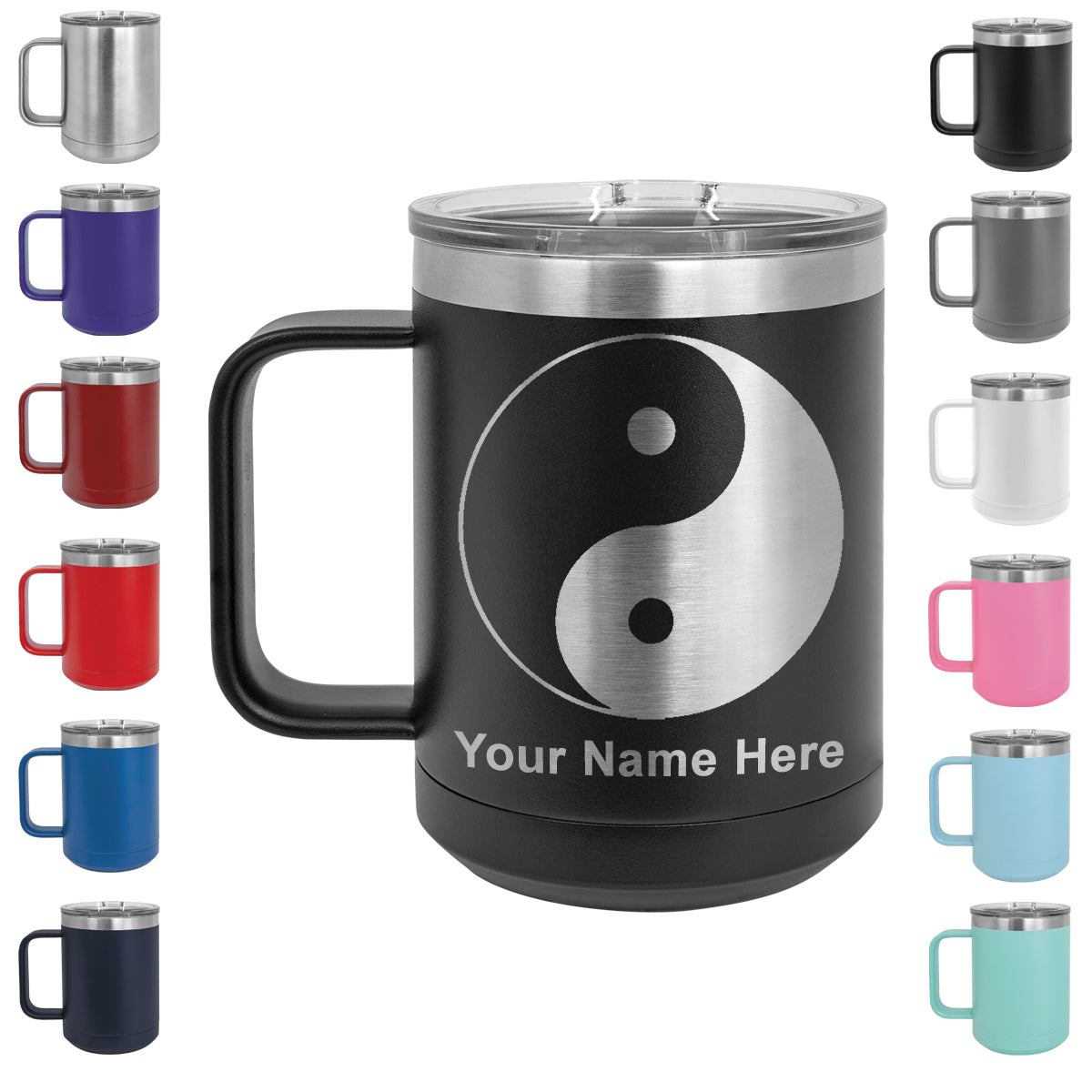 15oz Vacuum Insulated Coffee Mug, Yin Yang, Personalized Engraving Included