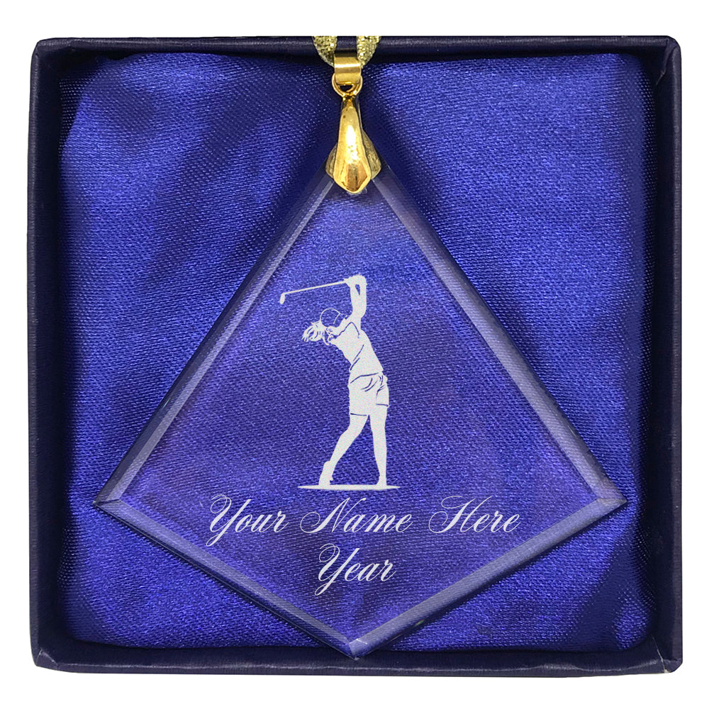 LaserGram Christmas Ornament, Golfer Woman, Personalized Engraving Included (Diamond Shape)