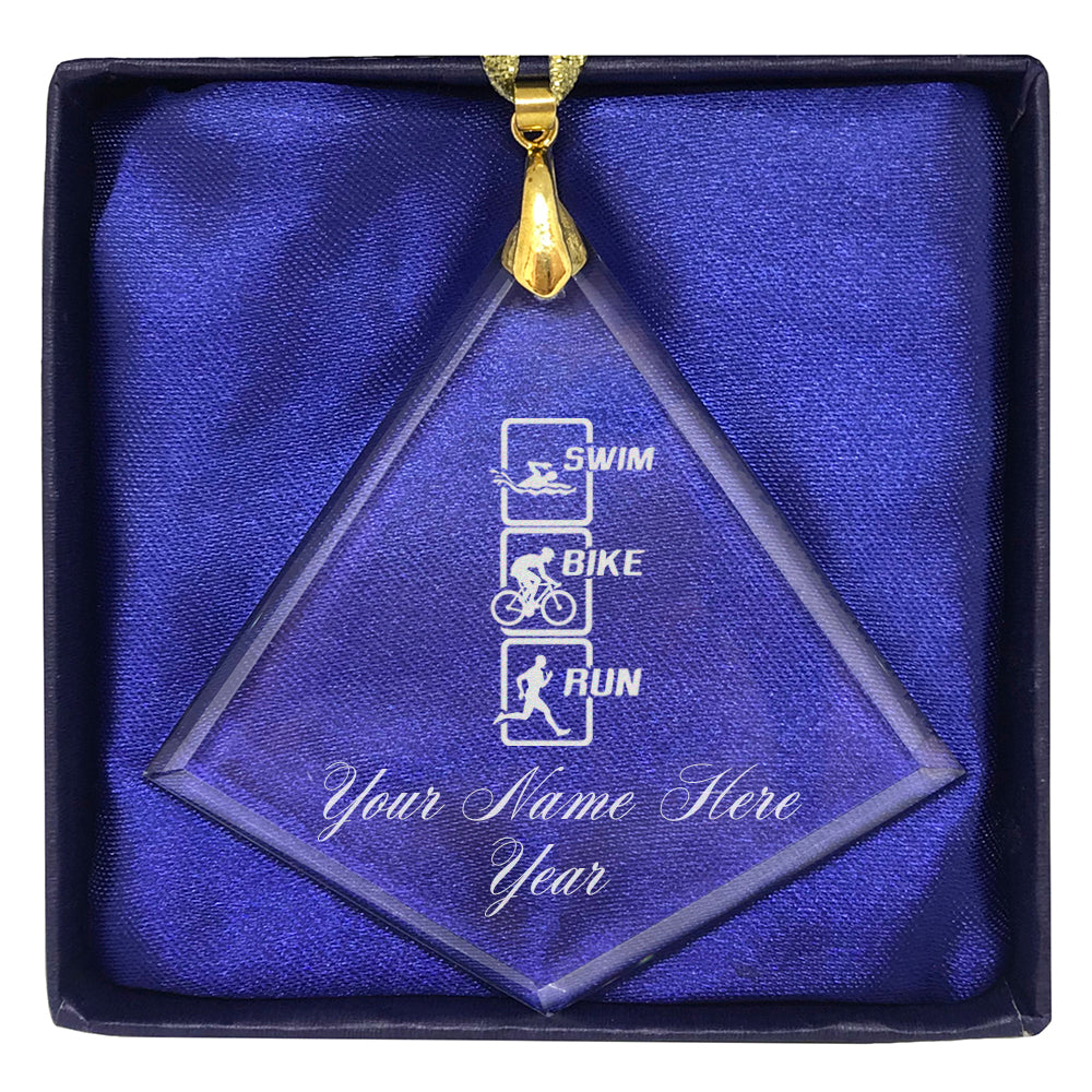 LaserGram Christmas Ornament, Swim Bike Run Vertical, Personalized Engraving Included (Diamond Shape)