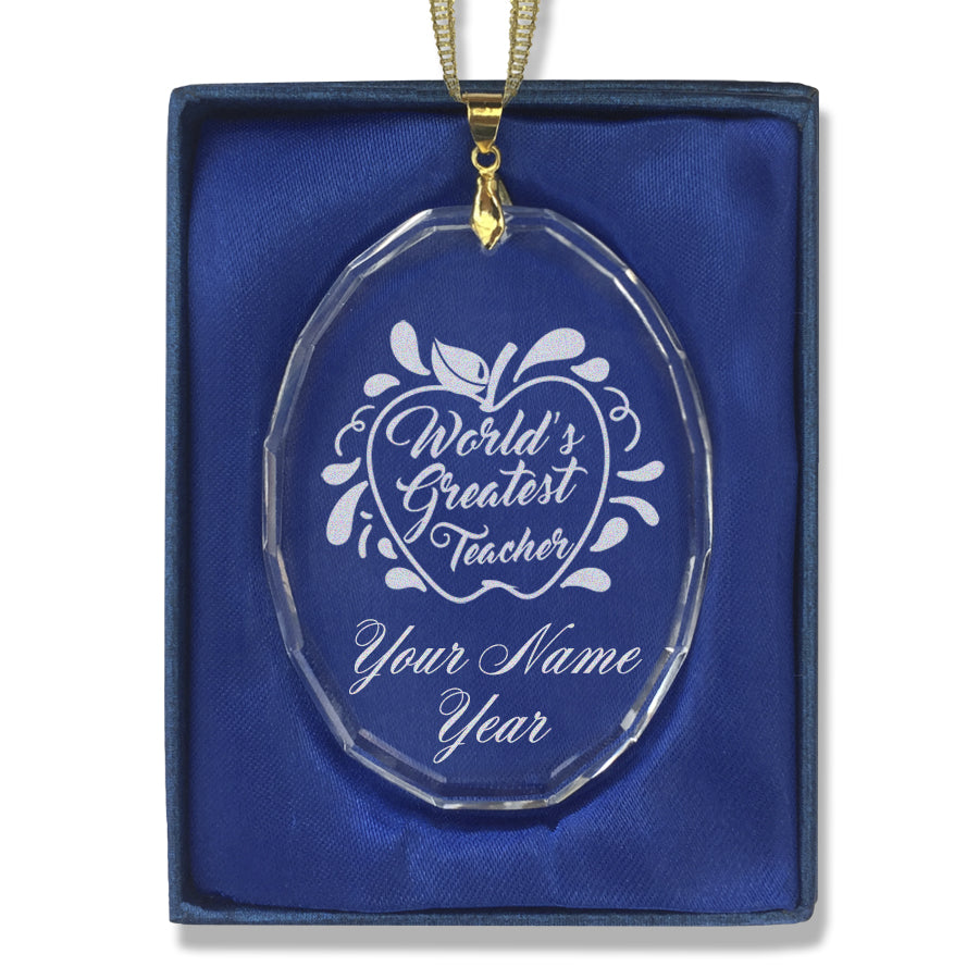 LaserGram Christmas Ornament, World's Greatest Teacher, Personalized Engraving Included (Oval Shape)