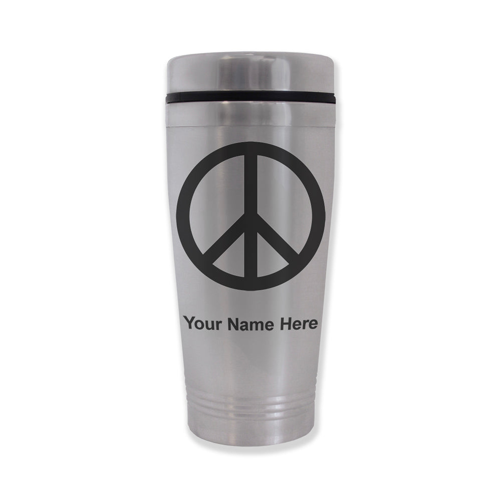 Commuter Travel Mug, Peace Sign, Personalized Engraving Included