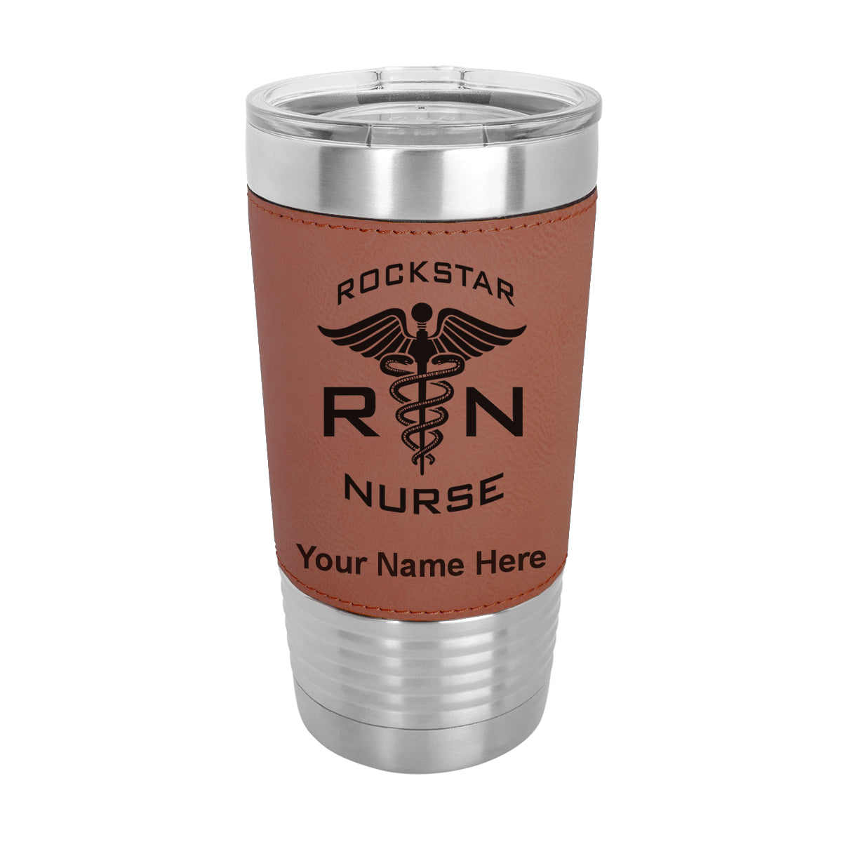 20oz Faux Leather Tumbler Mug, RN Rockstar Nurse, Personalized Engraving Included - LaserGram Custom Engraved Gifts