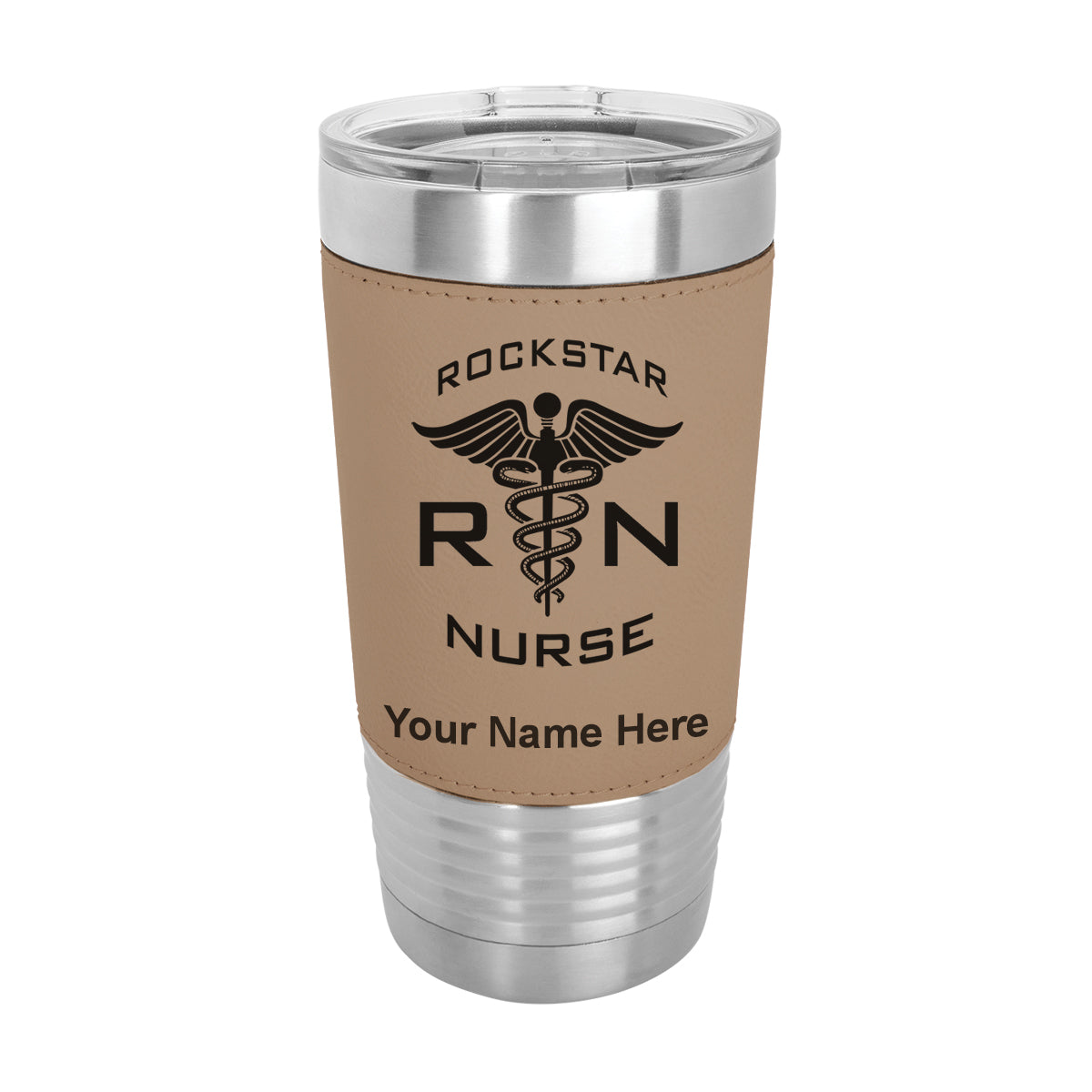 20oz Faux Leather Tumbler Mug, RN Rockstar Nurse, Personalized Engraving Included - LaserGram Custom Engraved Gifts