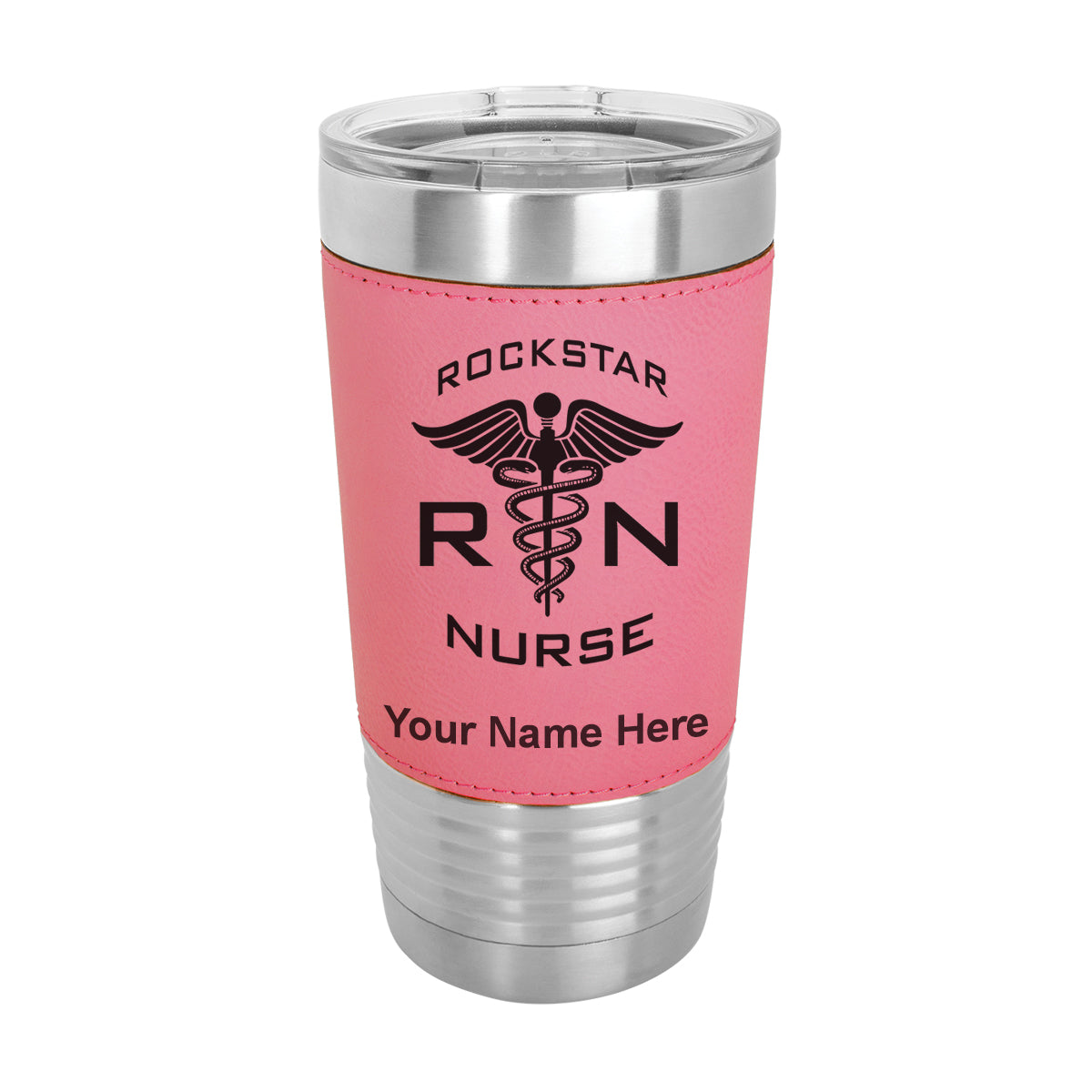 20oz Faux Leather Tumbler Mug, RN Rockstar Nurse, Personalized Engraving Included - LaserGram Custom Engraved Gifts