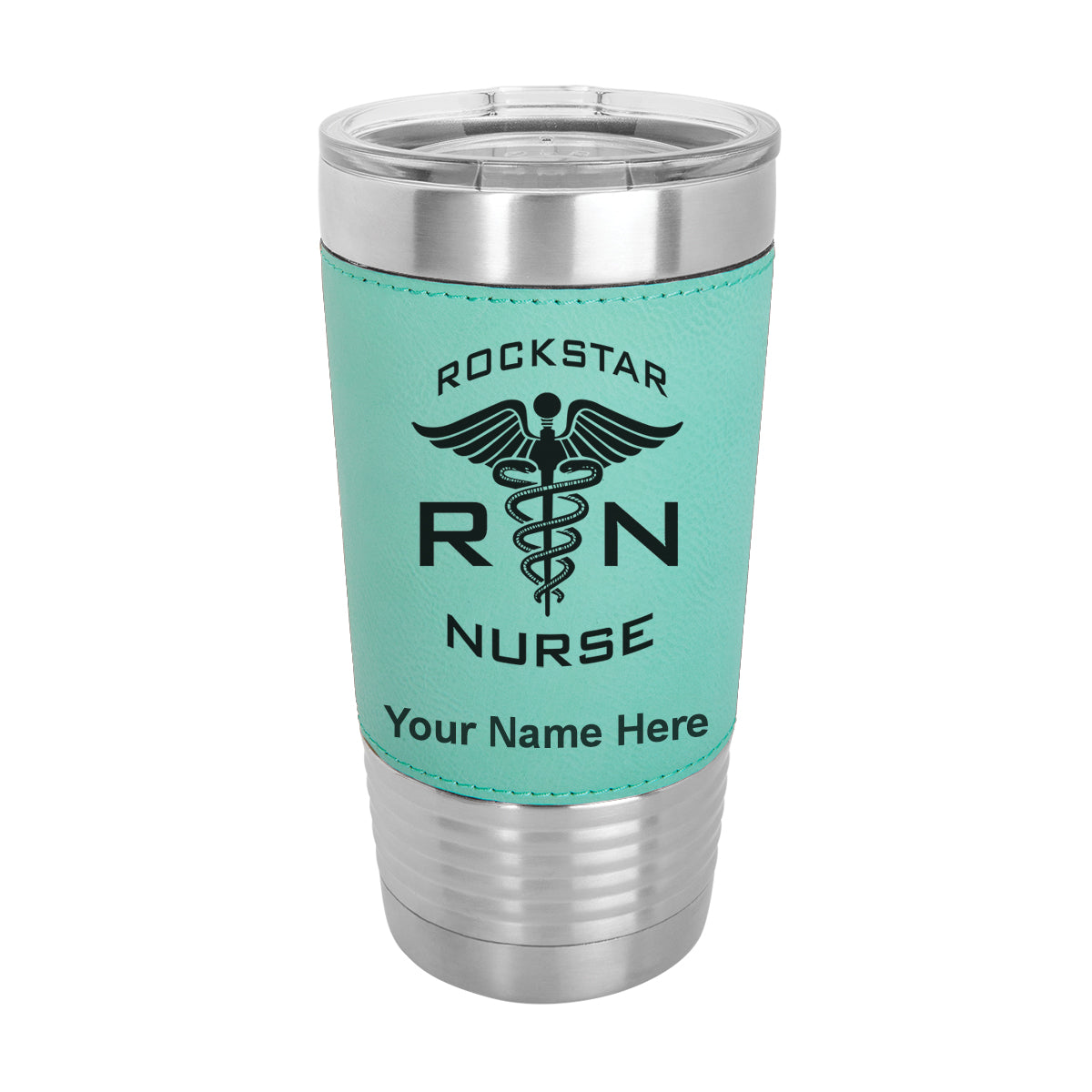 20oz Faux Leather Tumbler Mug, RN Rockstar Nurse, Personalized Engraving Included - LaserGram Custom Engraved Gifts