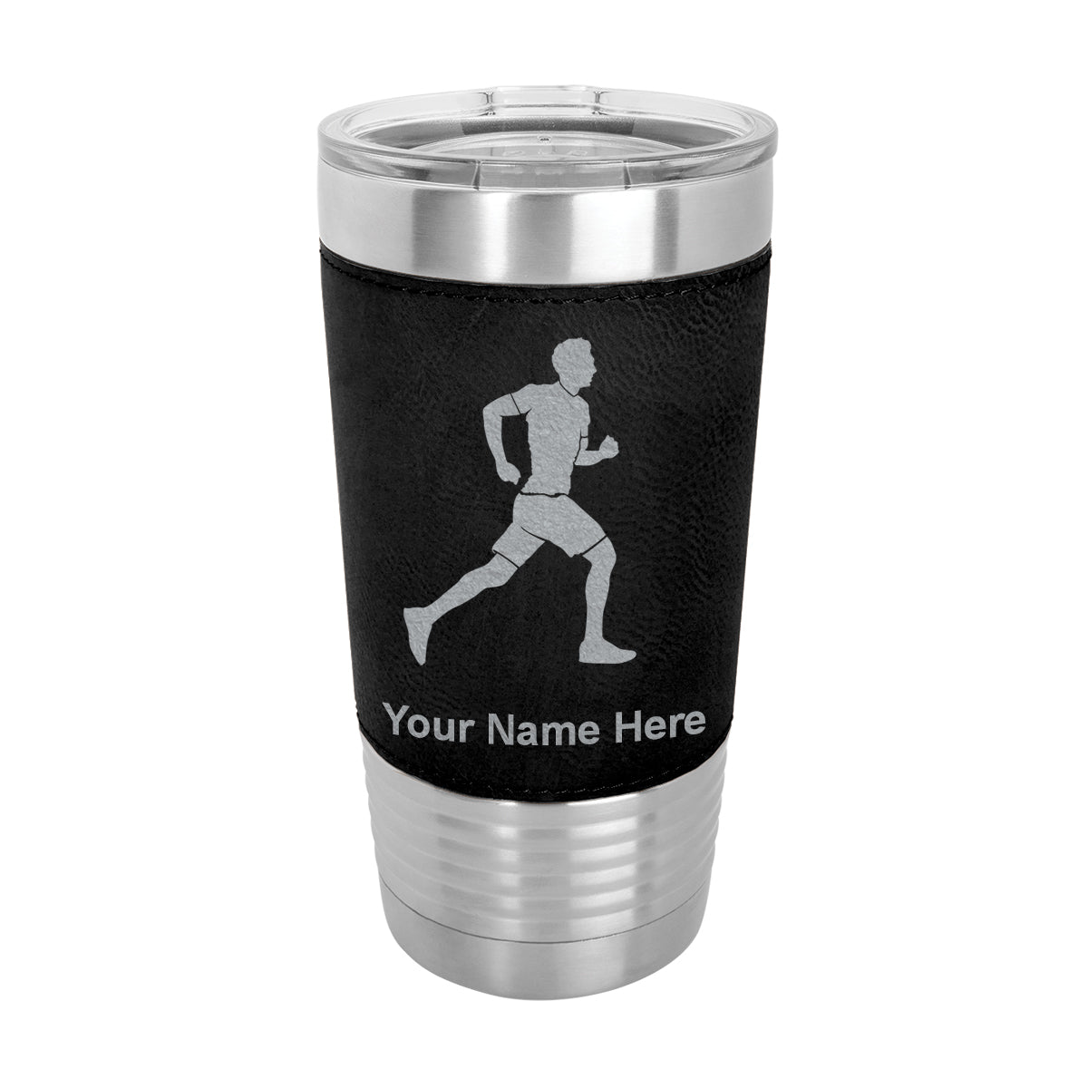 20oz Faux Leather Tumbler Mug, Running Man, Personalized Engraving Included - LaserGram Custom Engraved Gifts
