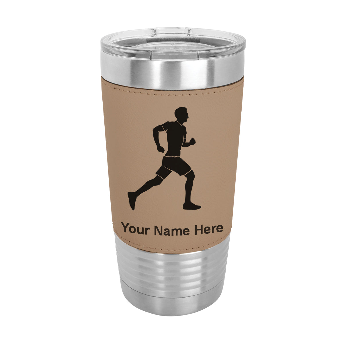 20oz Faux Leather Tumbler Mug, Running Man, Personalized Engraving Included - LaserGram Custom Engraved Gifts