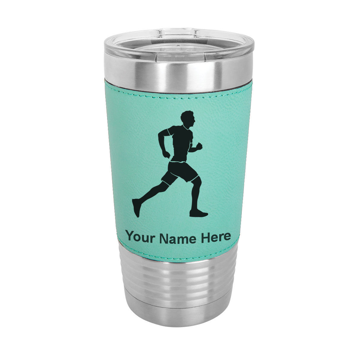 20oz Faux Leather Tumbler Mug, Running Man, Personalized Engraving Included - LaserGram Custom Engraved Gifts