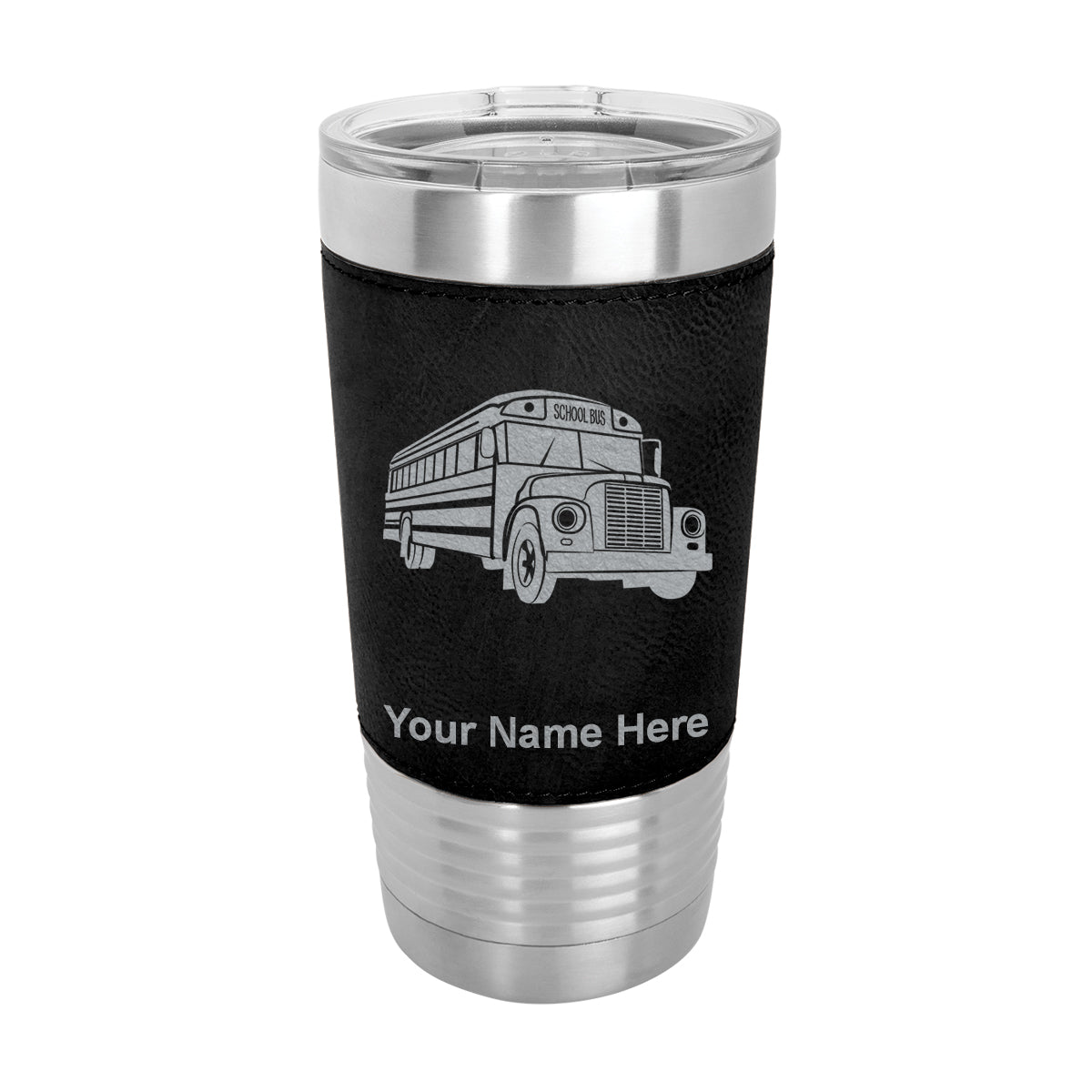 20oz Faux Leather Tumbler Mug, School Bus, Personalized Engraving Included - LaserGram Custom Engraved Gifts