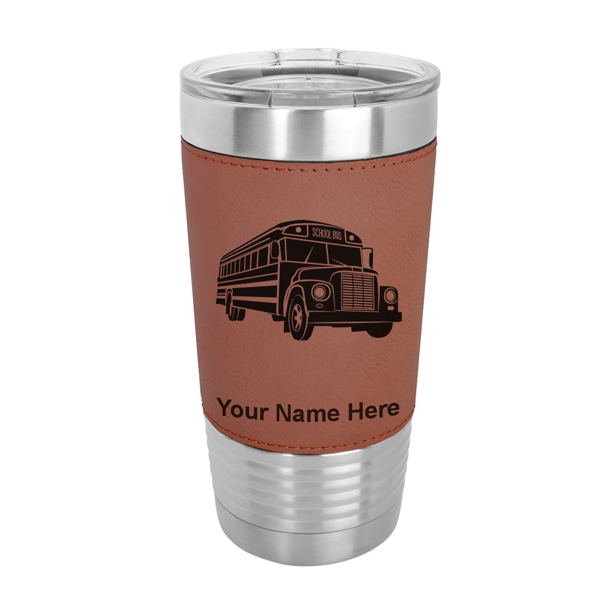 20oz Faux Leather Tumbler Mug, School Bus, Personalized Engraving Included - LaserGram Custom Engraved Gifts