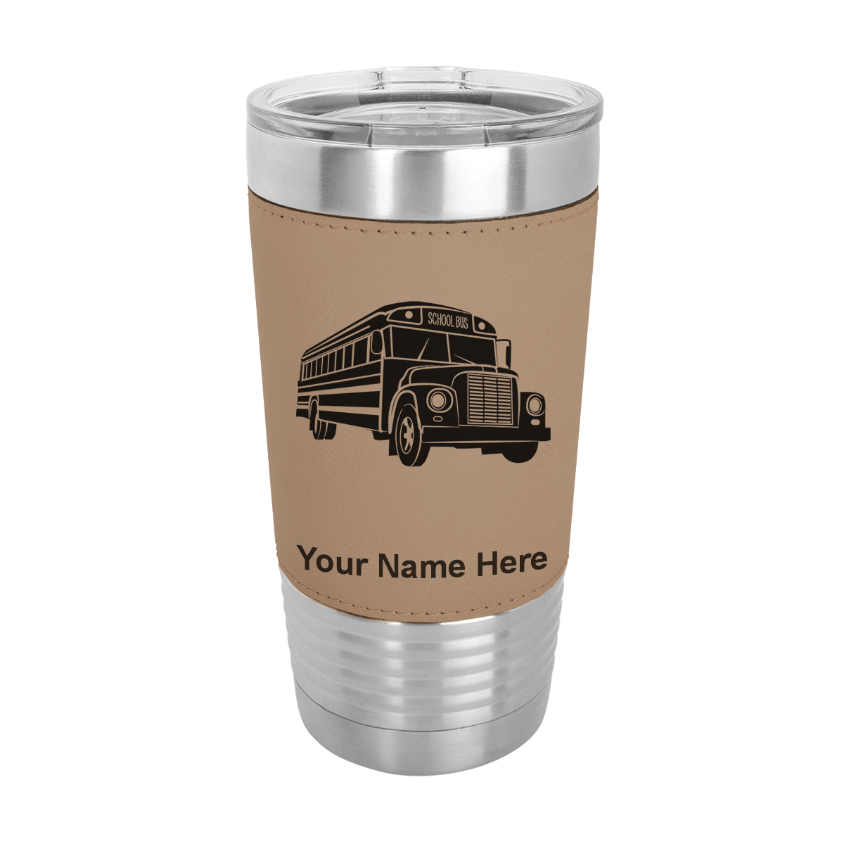 20oz Faux Leather Tumbler Mug, School Bus, Personalized Engraving Included - LaserGram Custom Engraved Gifts