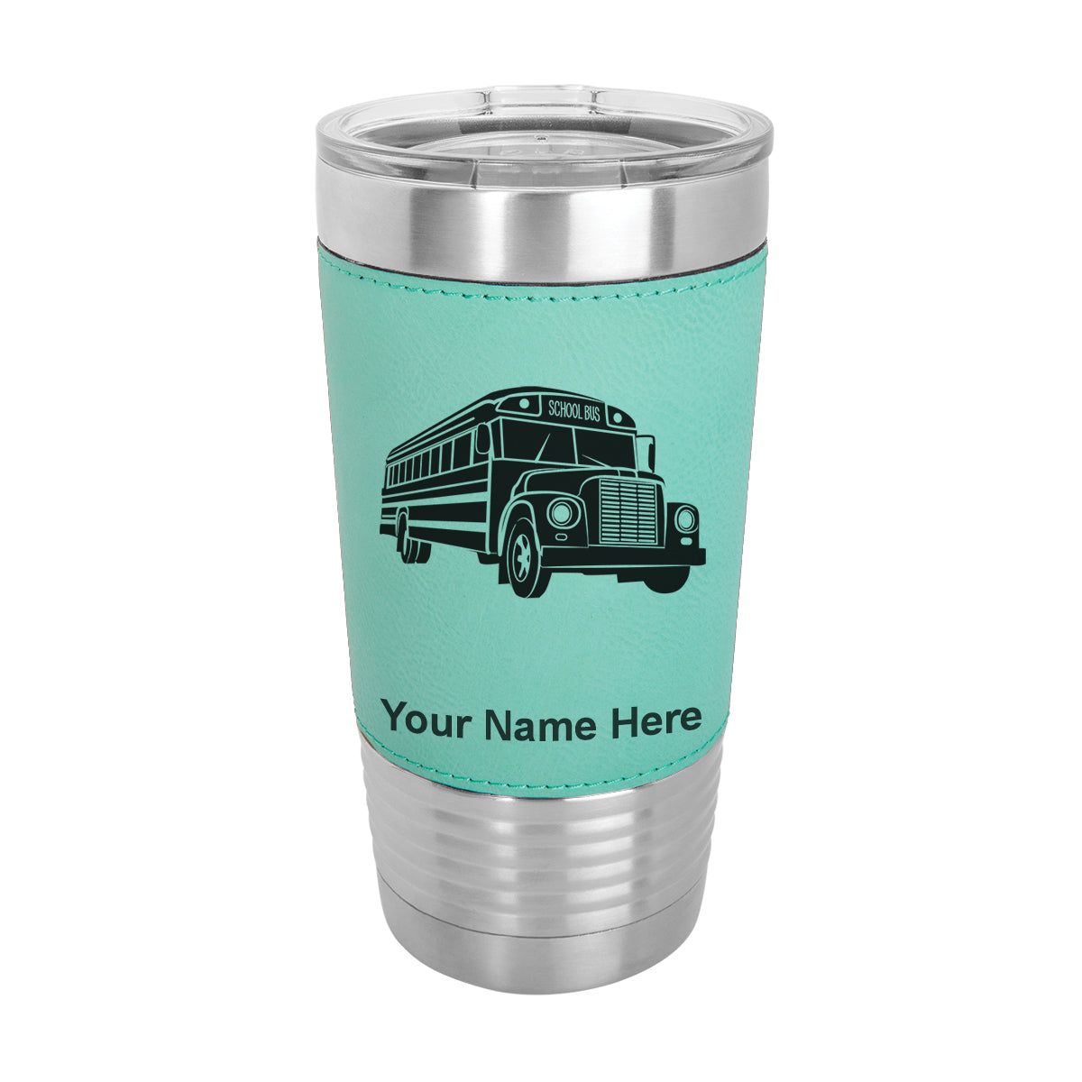 20oz Faux Leather Tumbler Mug, School Bus, Personalized Engraving Included - LaserGram Custom Engraved Gifts