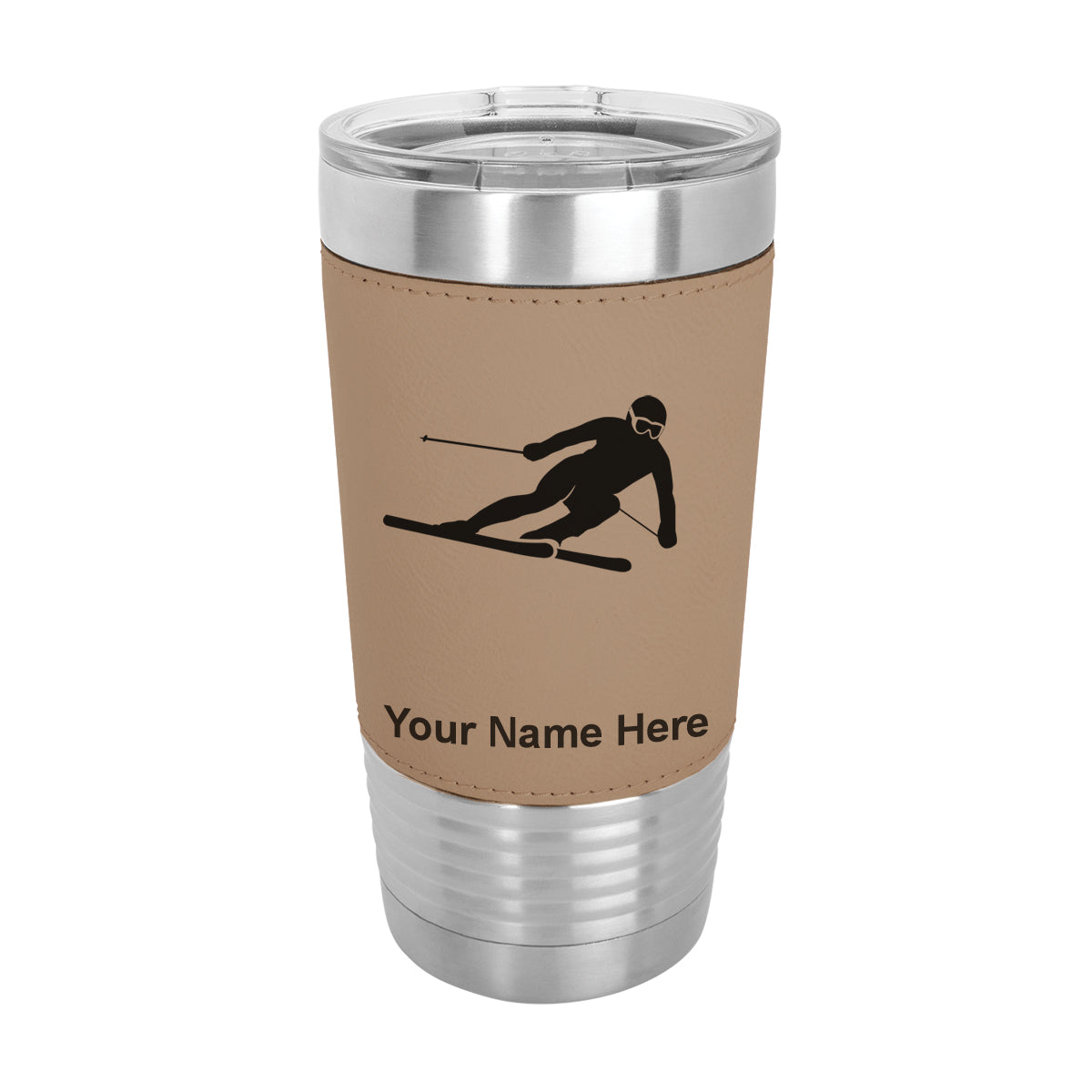 20oz Faux Leather Tumbler Mug, Skier Downhill, Personalized Engraving Included - LaserGram Custom Engraved Gifts