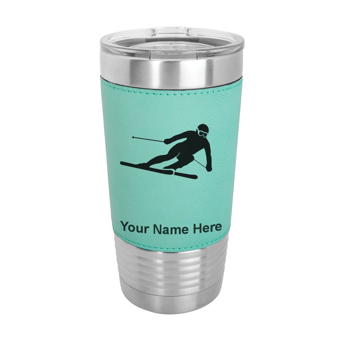 20oz Faux Leather Tumbler Mug, Skier Downhill, Personalized Engraving Included - LaserGram Custom Engraved Gifts