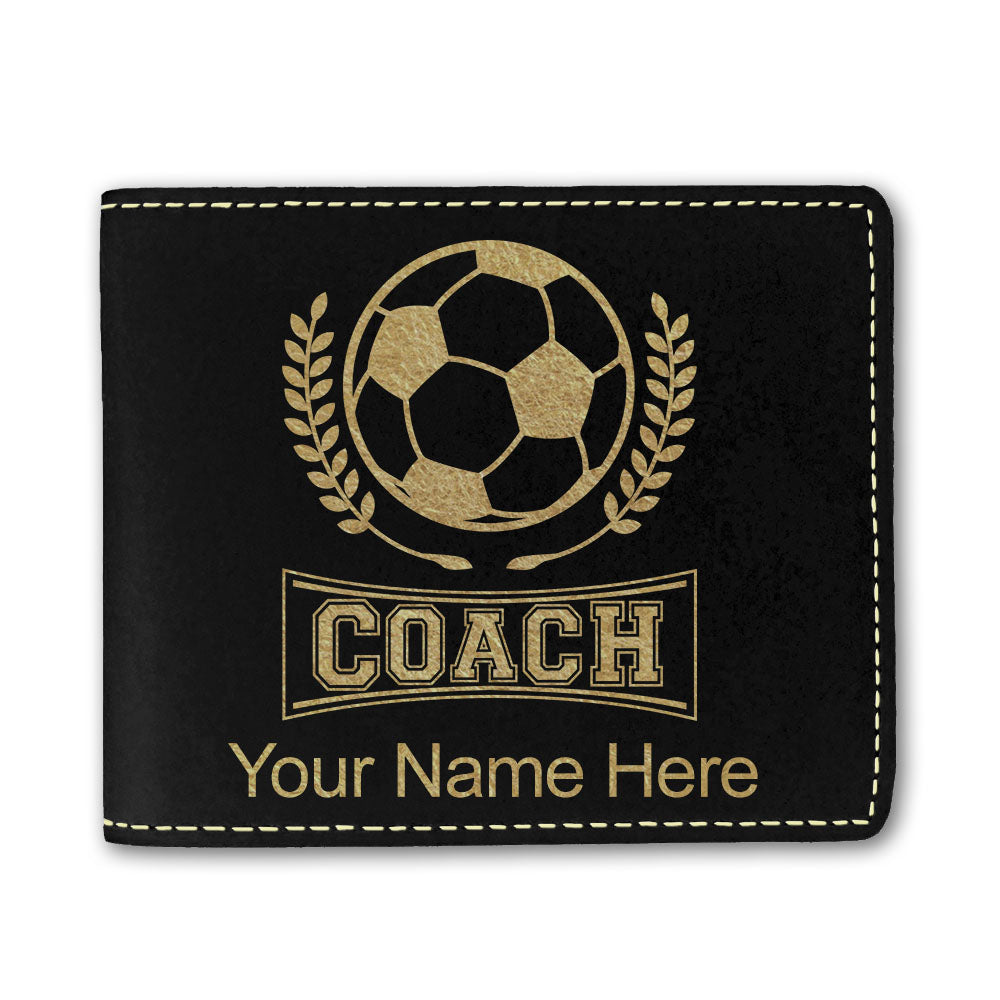 Faux Leather Bi-Fold Wallet, Soccer Coach, Personalized Engraving Included
