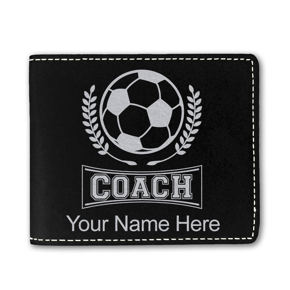 Faux Leather Bi-Fold Wallet, Soccer Coach, Personalized Engraving Included