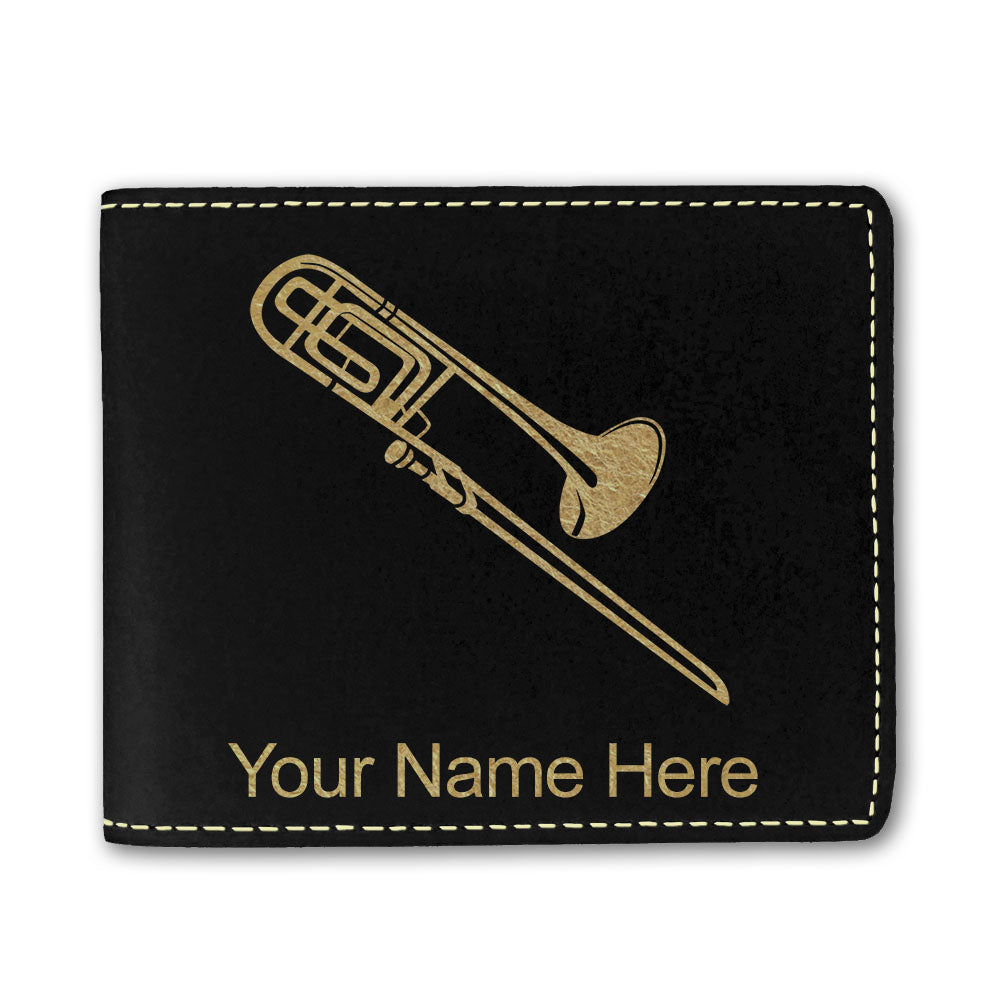 Faux Leather Bi-Fold Wallet, Trombone, Personalized Engraving Included