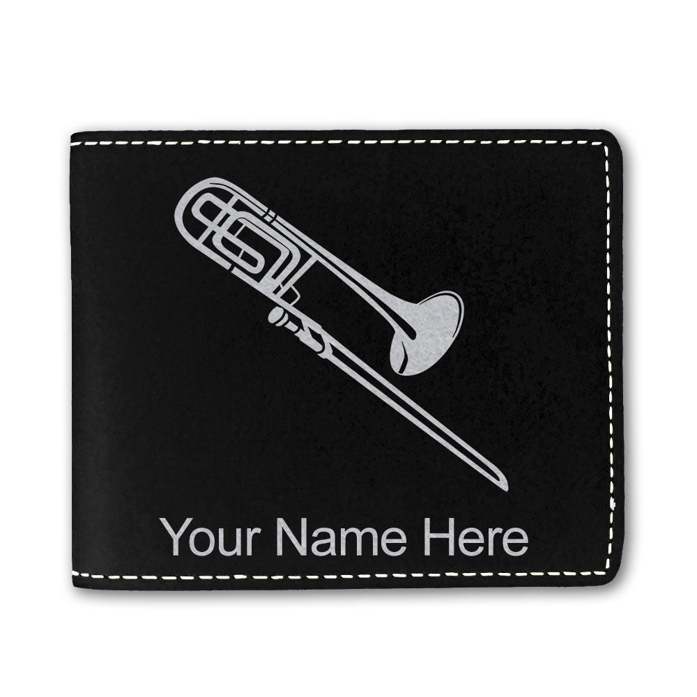 Faux Leather Bi-Fold Wallet, Trombone, Personalized Engraving Included