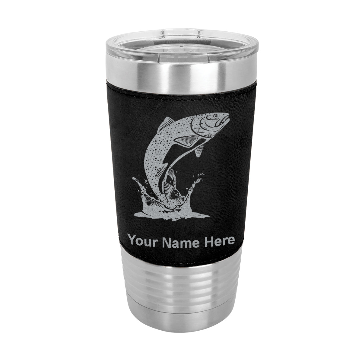 20oz Faux Leather Tumbler Mug, Trout Fish, Personalized Engraving Included