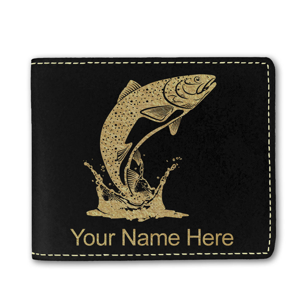 Faux Leather Bi-Fold Wallet, Trout Fish, Personalized Engraving Included