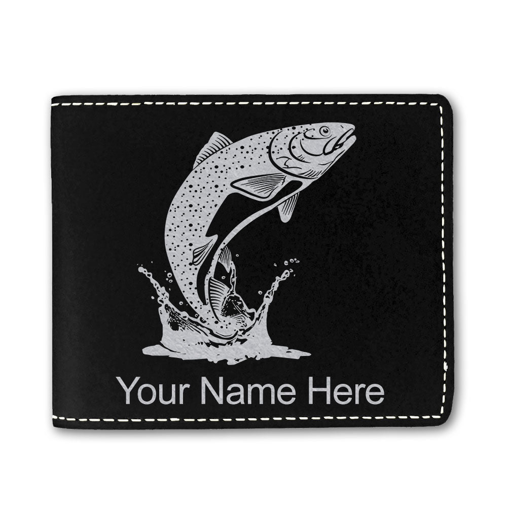 Faux Leather Bi-Fold Wallet, Trout Fish, Personalized Engraving Included