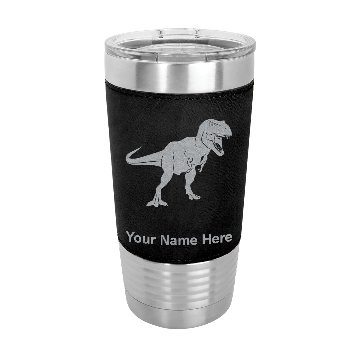 20oz Faux Leather Tumbler Mug, Tyrannosaurus Rex Dinosaur, Personalized Engraving Included
