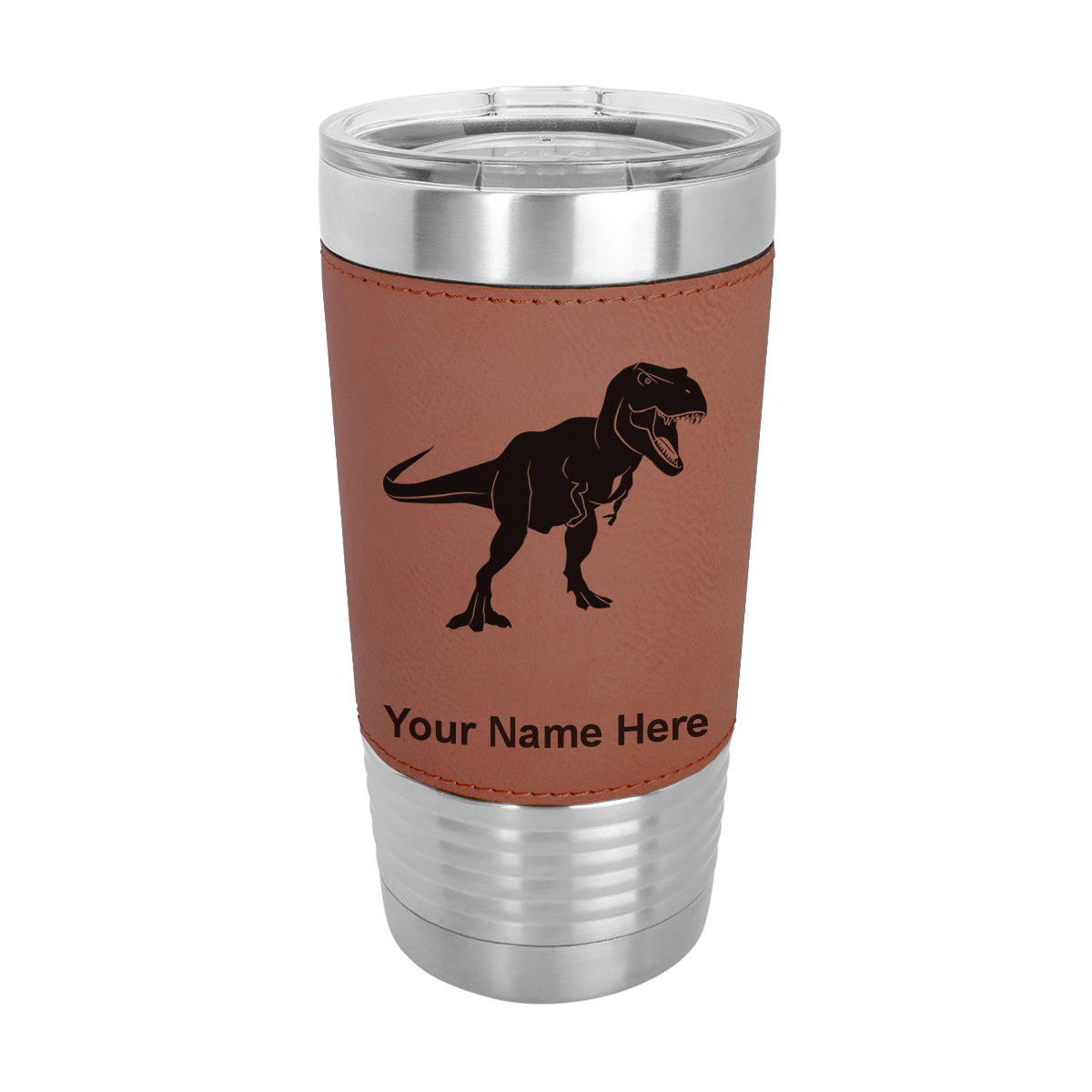 20oz Faux Leather Tumbler Mug, Tyrannosaurus Rex Dinosaur, Personalized Engraving Included
