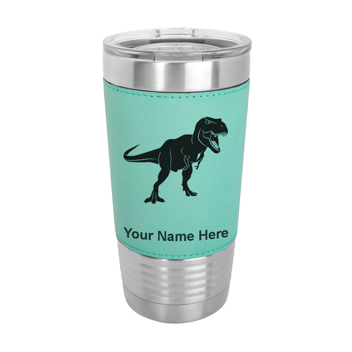 20oz Faux Leather Tumbler Mug, Tyrannosaurus Rex Dinosaur, Personalized Engraving Included