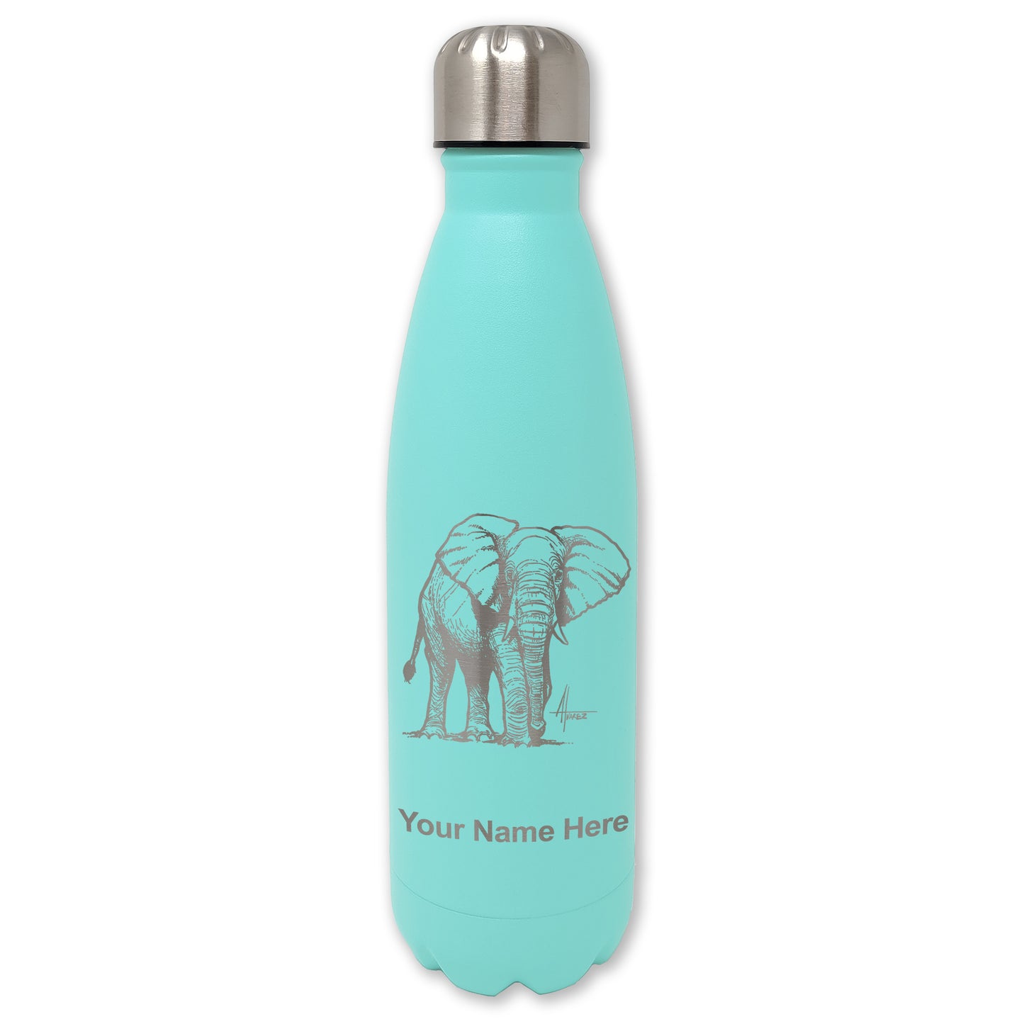 LaserGram Double Wall Water Bottle, African Elephant, Personalized Engraving Included