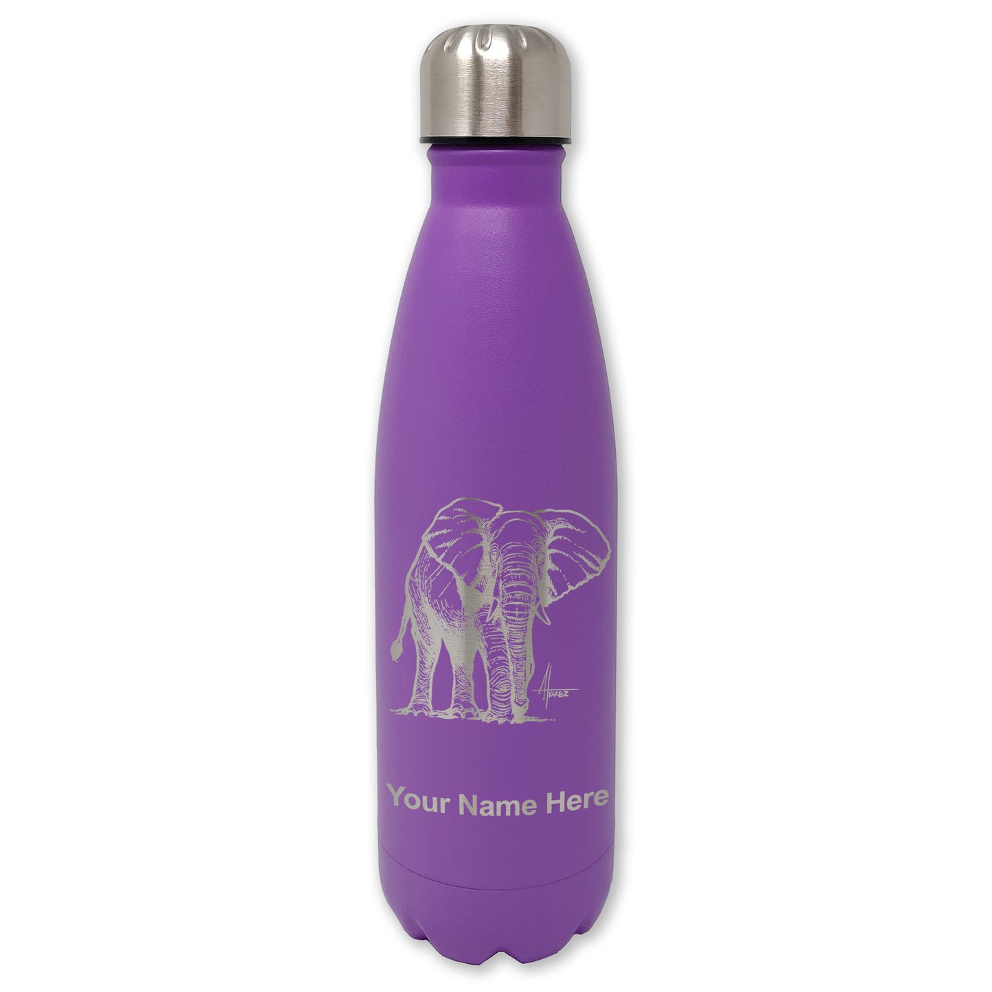 LaserGram Double Wall Water Bottle, African Elephant, Personalized Engraving Included
