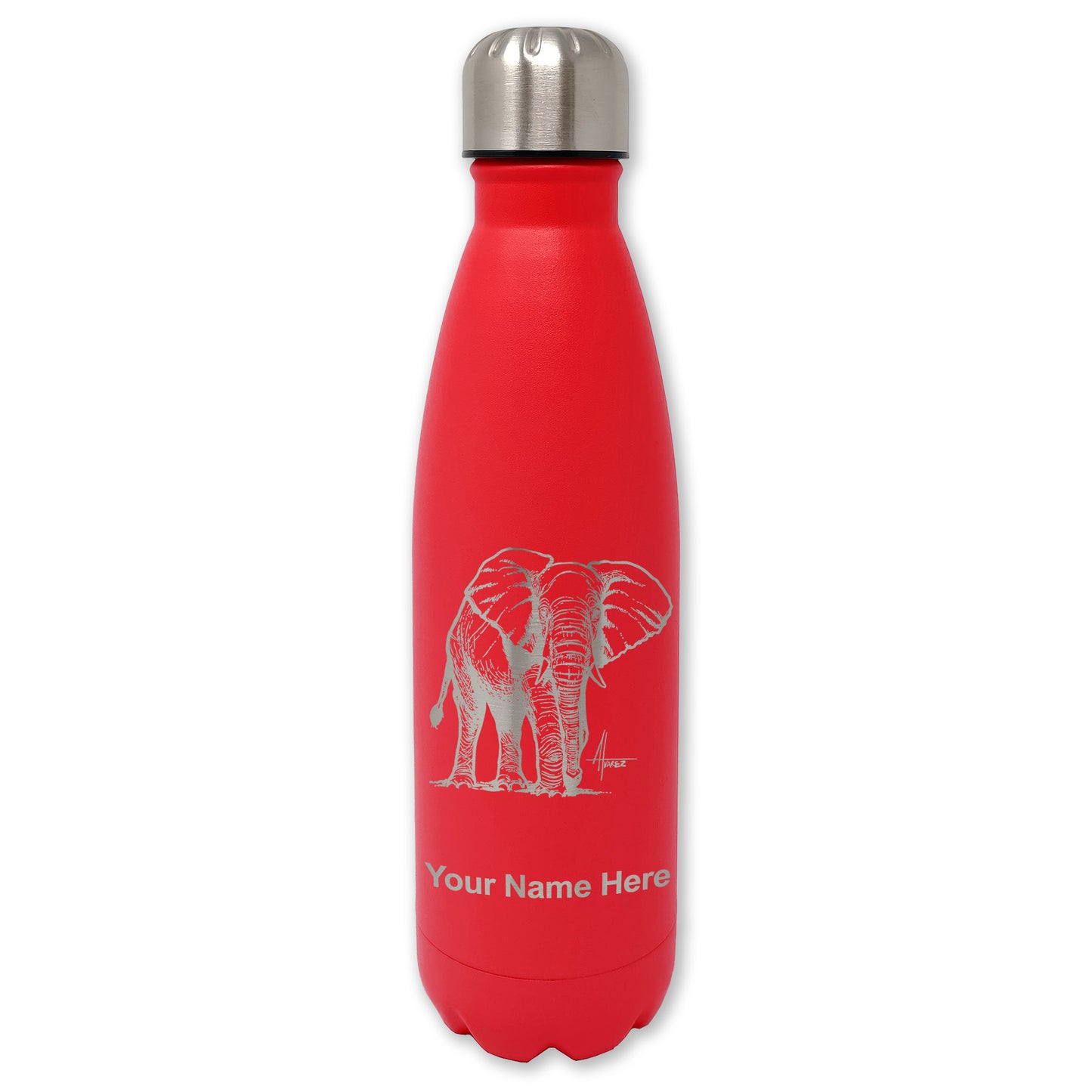 LaserGram Double Wall Water Bottle, African Elephant, Personalized Engraving Included