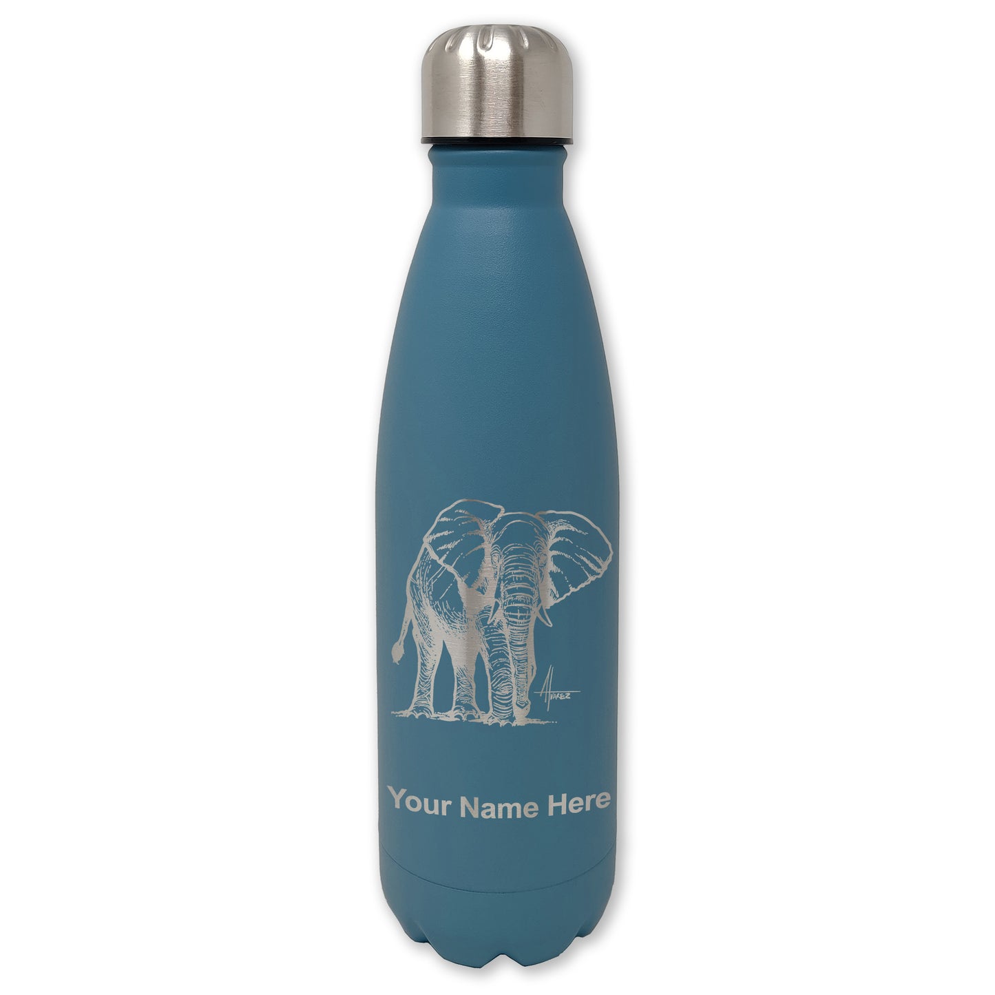 LaserGram Double Wall Water Bottle, African Elephant, Personalized Engraving Included
