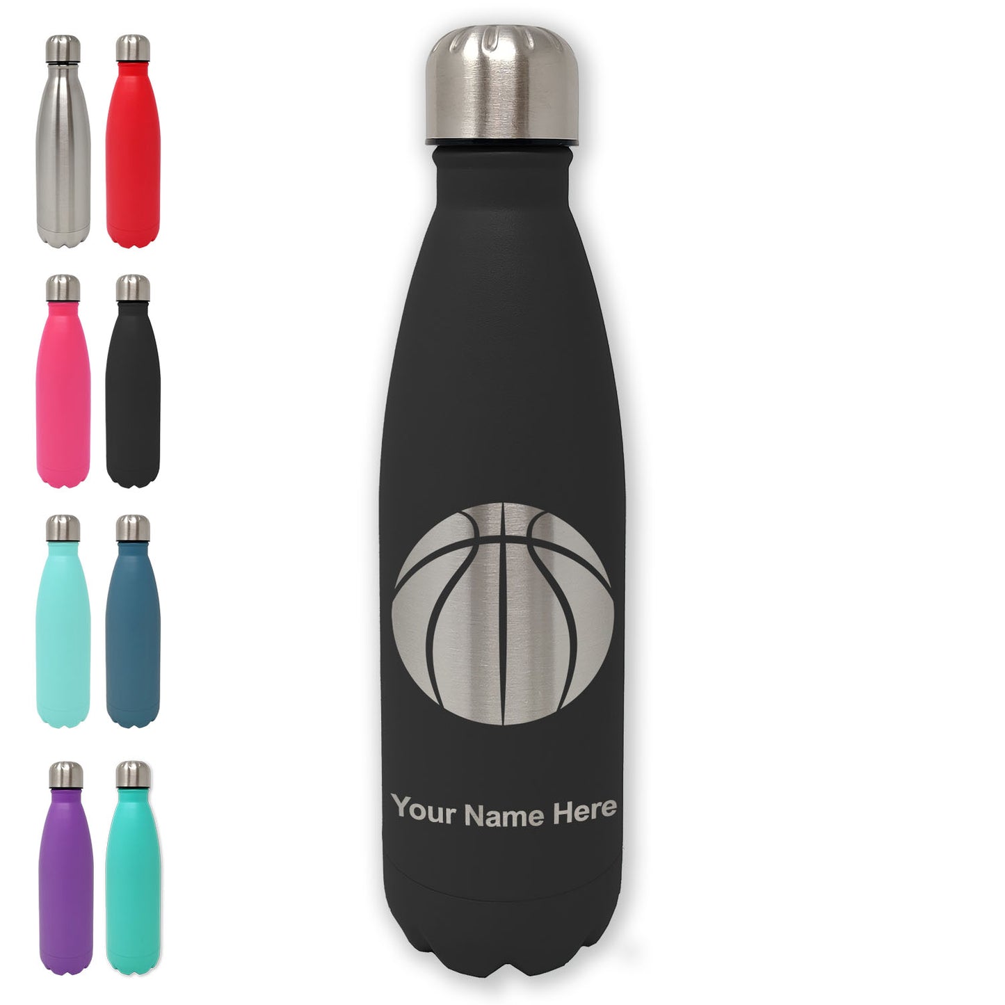 LaserGram Double Wall Water Bottle, Basketball Ball, Personalized Engraving Included