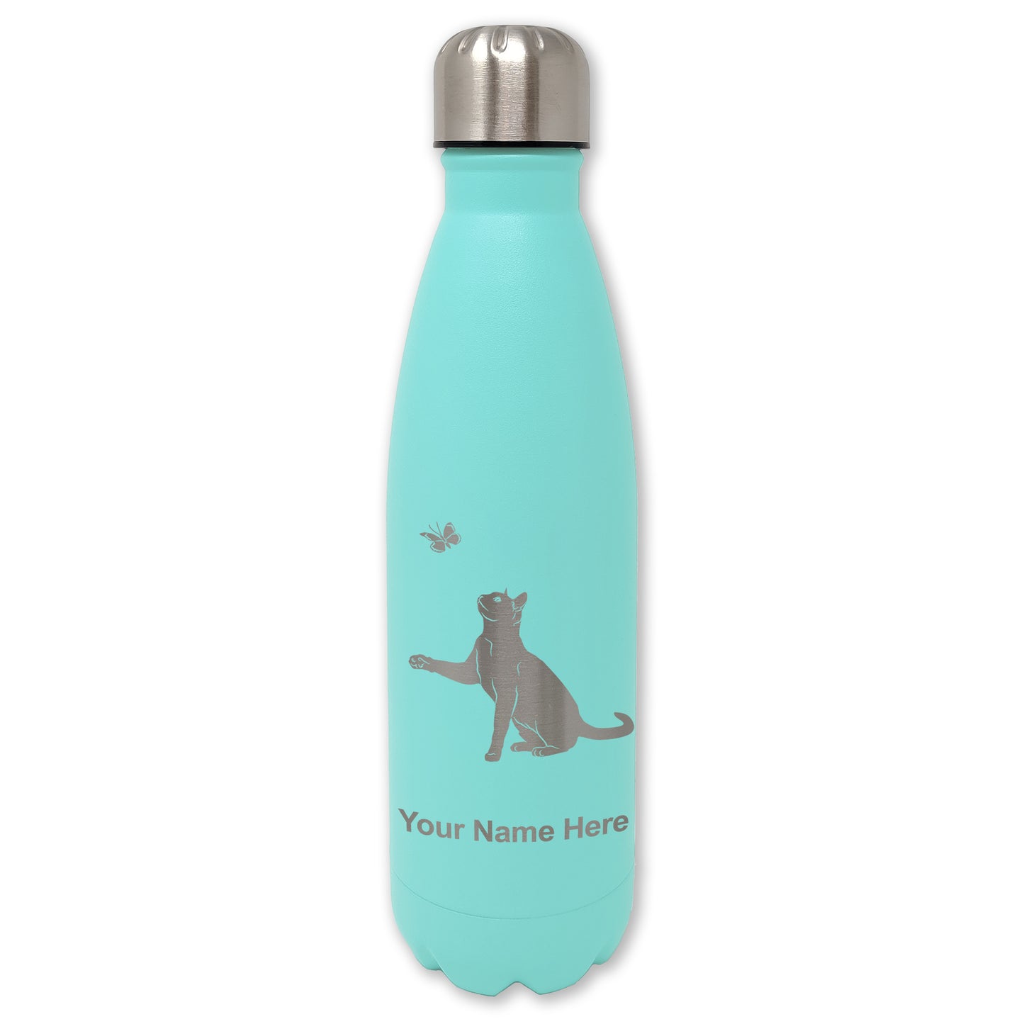 LaserGram Double Wall Water Bottle, Cat with Butterfly, Personalized Engraving Included