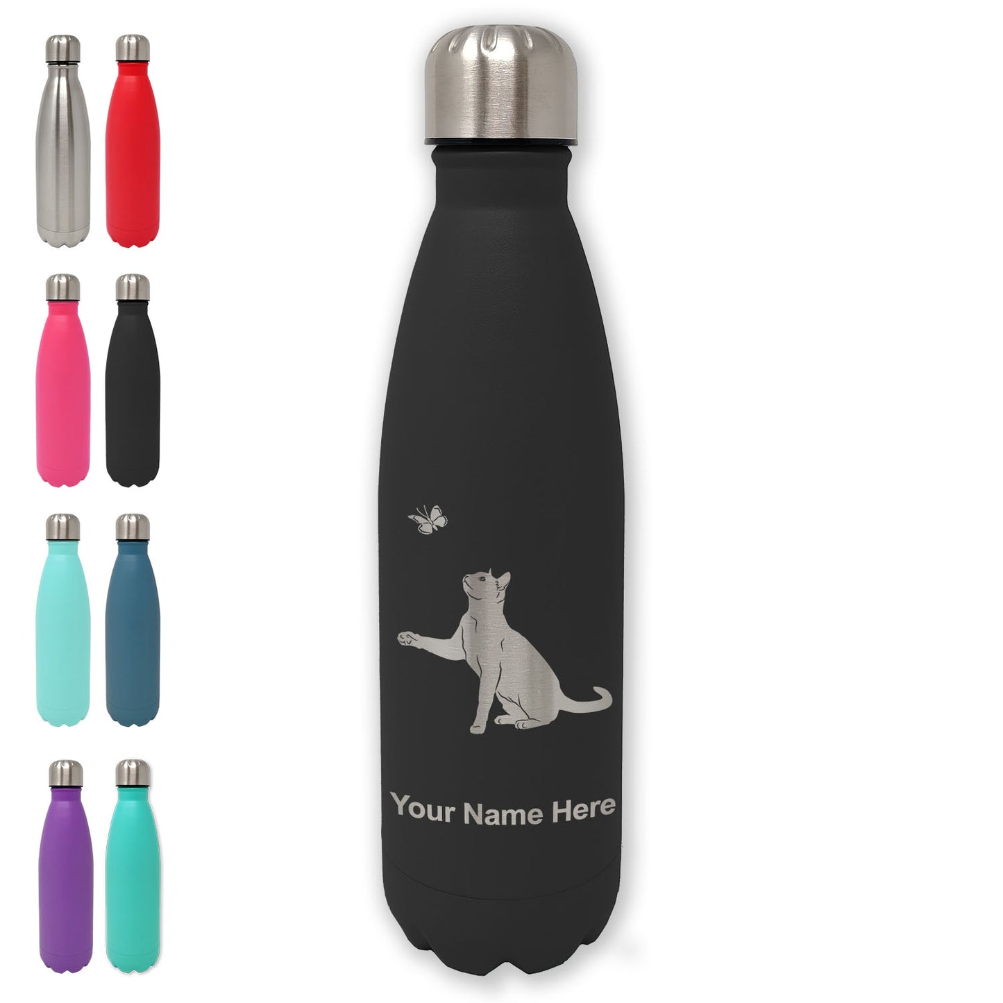 LaserGram Double Wall Water Bottle, Cat with Butterfly, Personalized Engraving Included