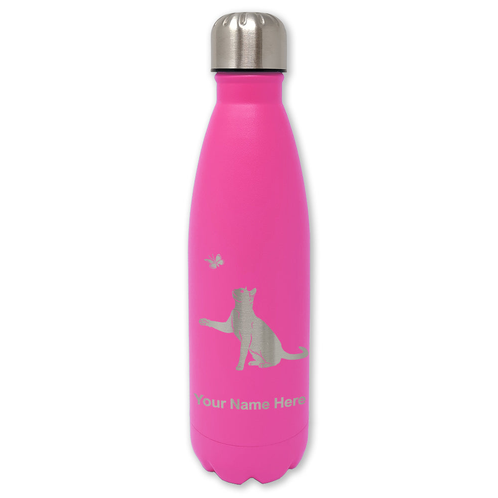 LaserGram Double Wall Water Bottle, Cat with Butterfly, Personalized Engraving Included