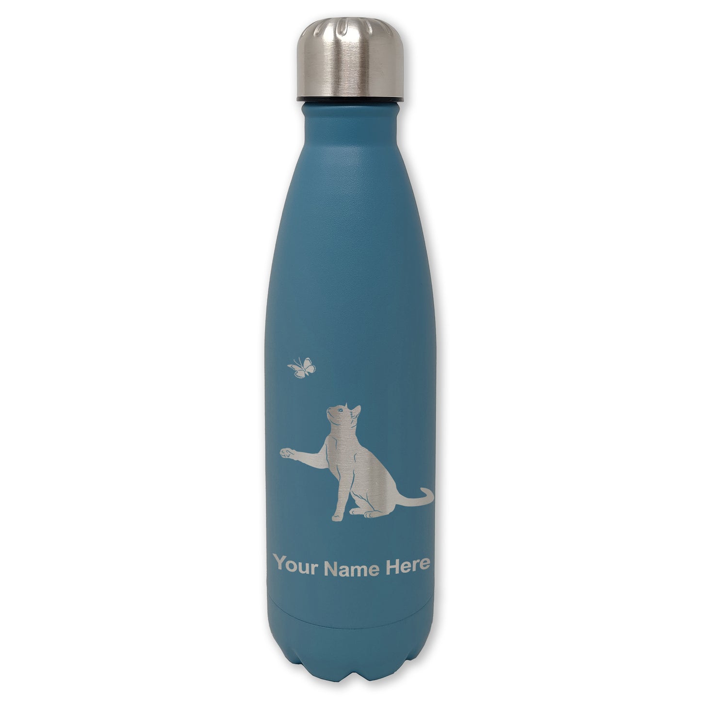 LaserGram Double Wall Water Bottle, Cat with Butterfly, Personalized Engraving Included