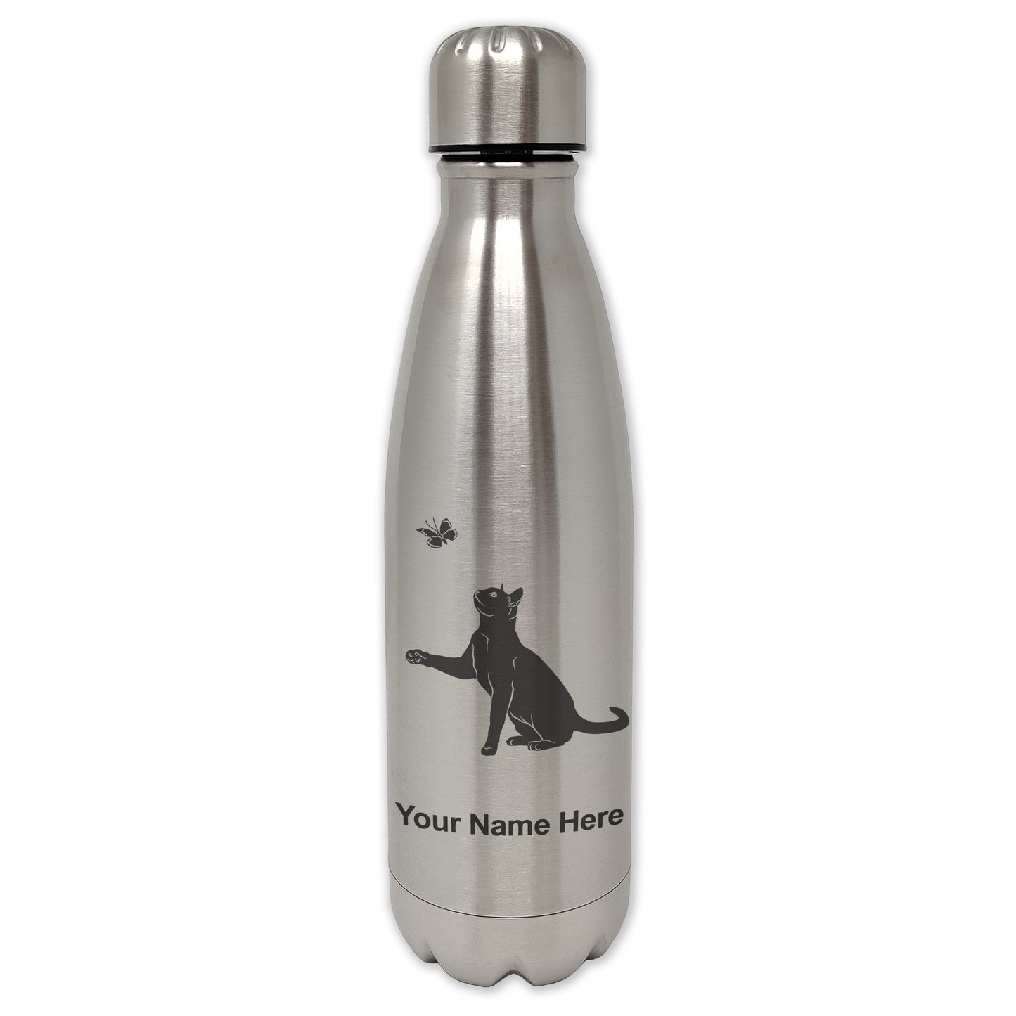 LaserGram Double Wall Water Bottle, Cat with Butterfly, Personalized Engraving Included