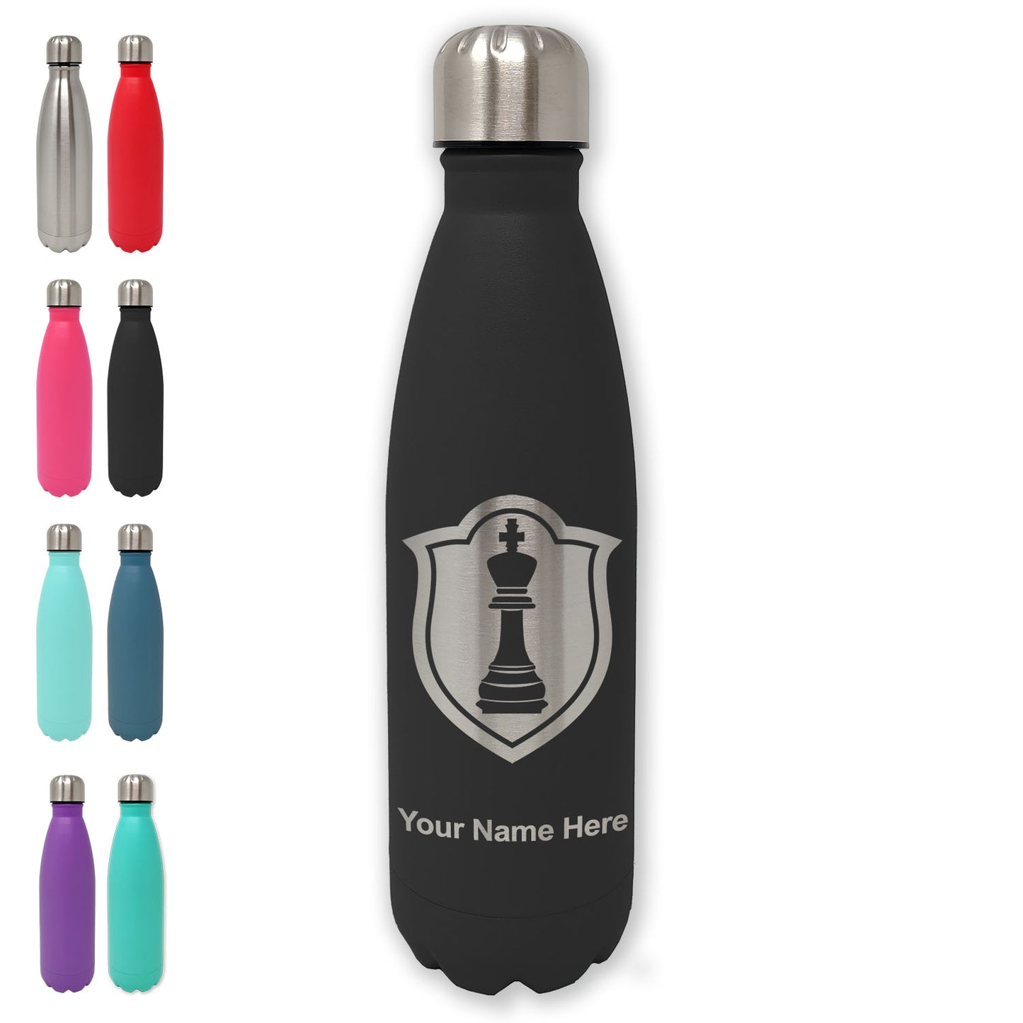 LaserGram Double Wall Water Bottle, Chess King, Personalized Engraving Included