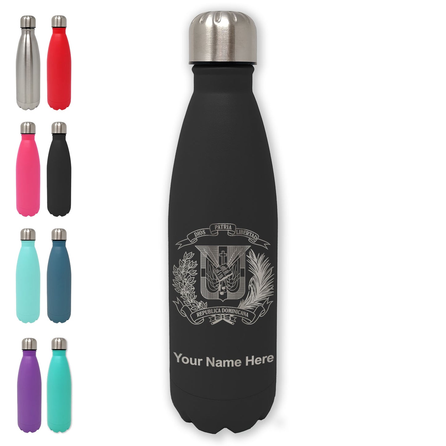 LaserGram Double Wall Water Bottle, Coat of Arms Dominican Republic, Personalized Engraving Included