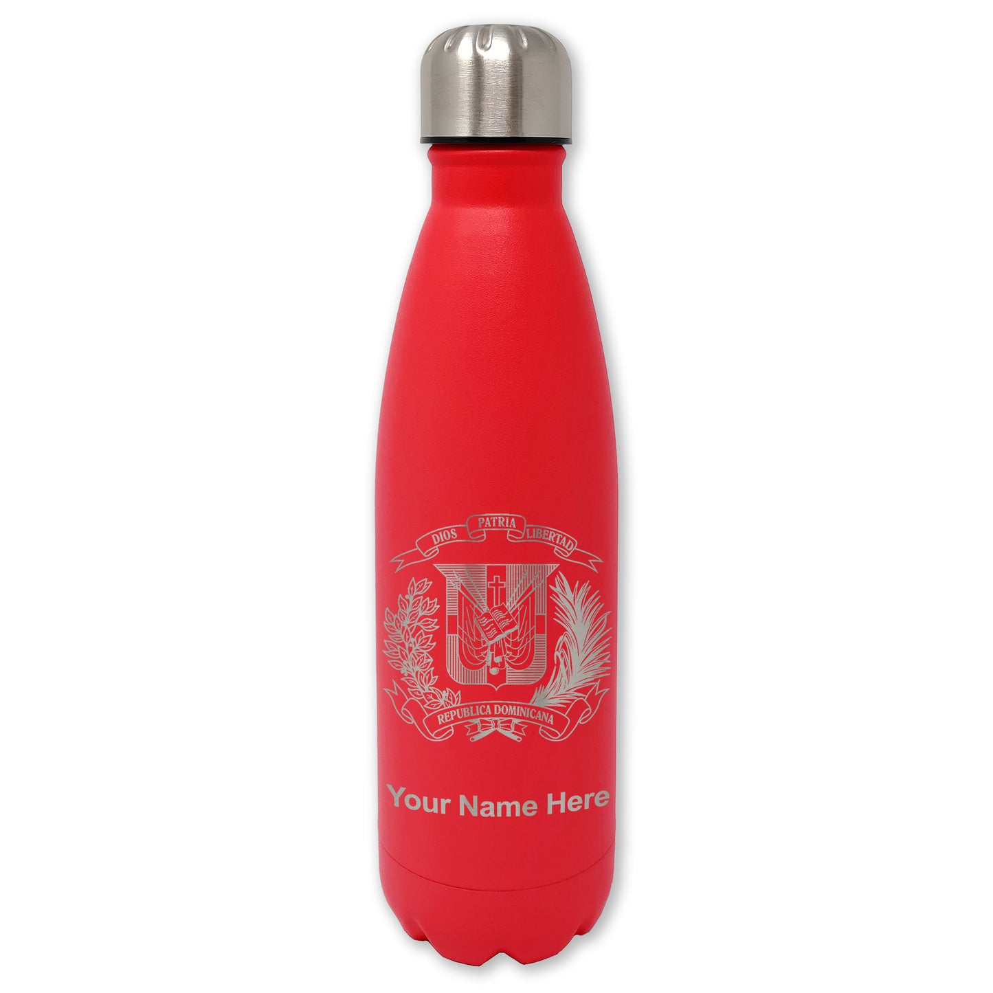 LaserGram Double Wall Water Bottle, Coat of Arms Dominican Republic, Personalized Engraving Included