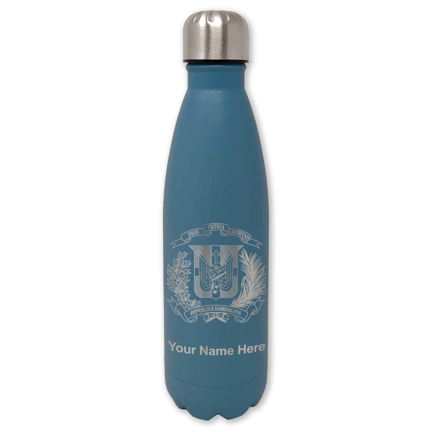 LaserGram Double Wall Water Bottle, Coat of Arms Dominican Republic, Personalized Engraving Included