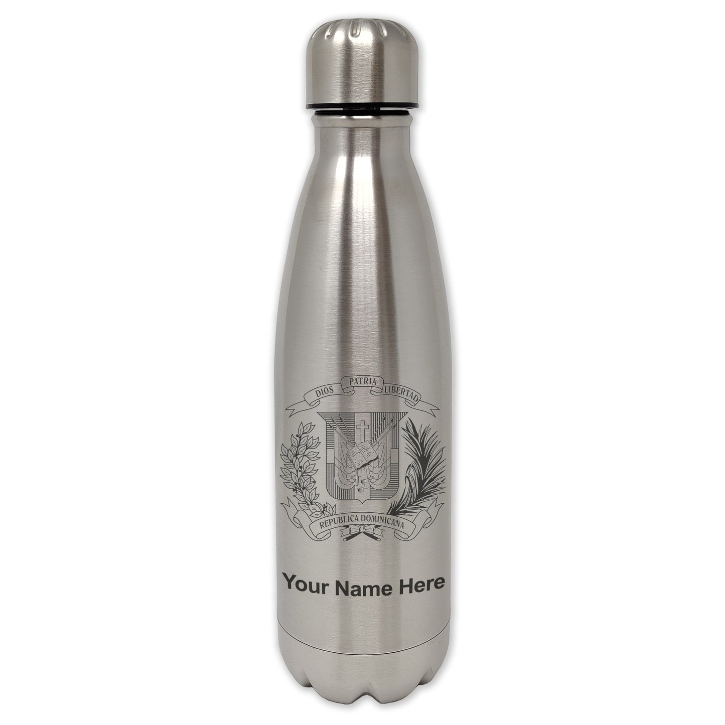 LaserGram Double Wall Water Bottle, Coat of Arms Dominican Republic, Personalized Engraving Included