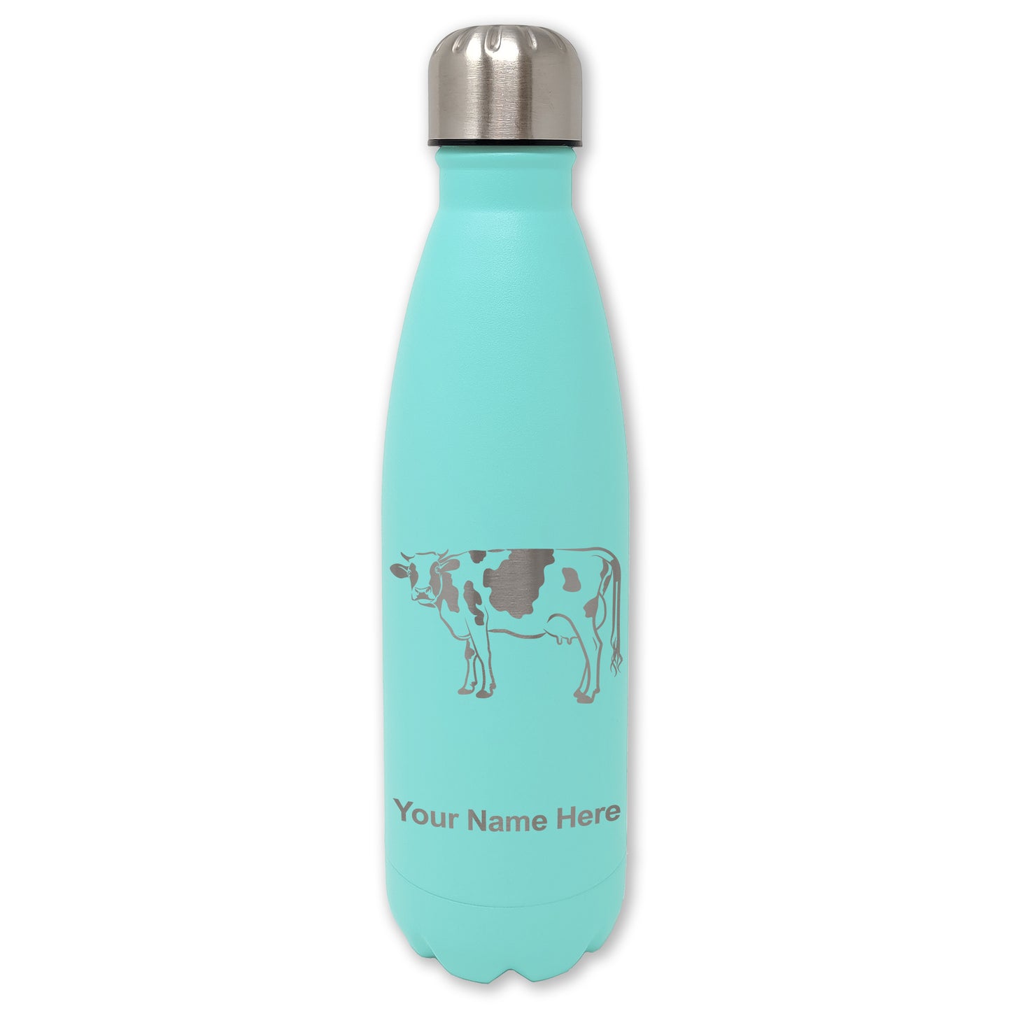 LaserGram Double Wall Water Bottle, Cow, Personalized Engraving Included