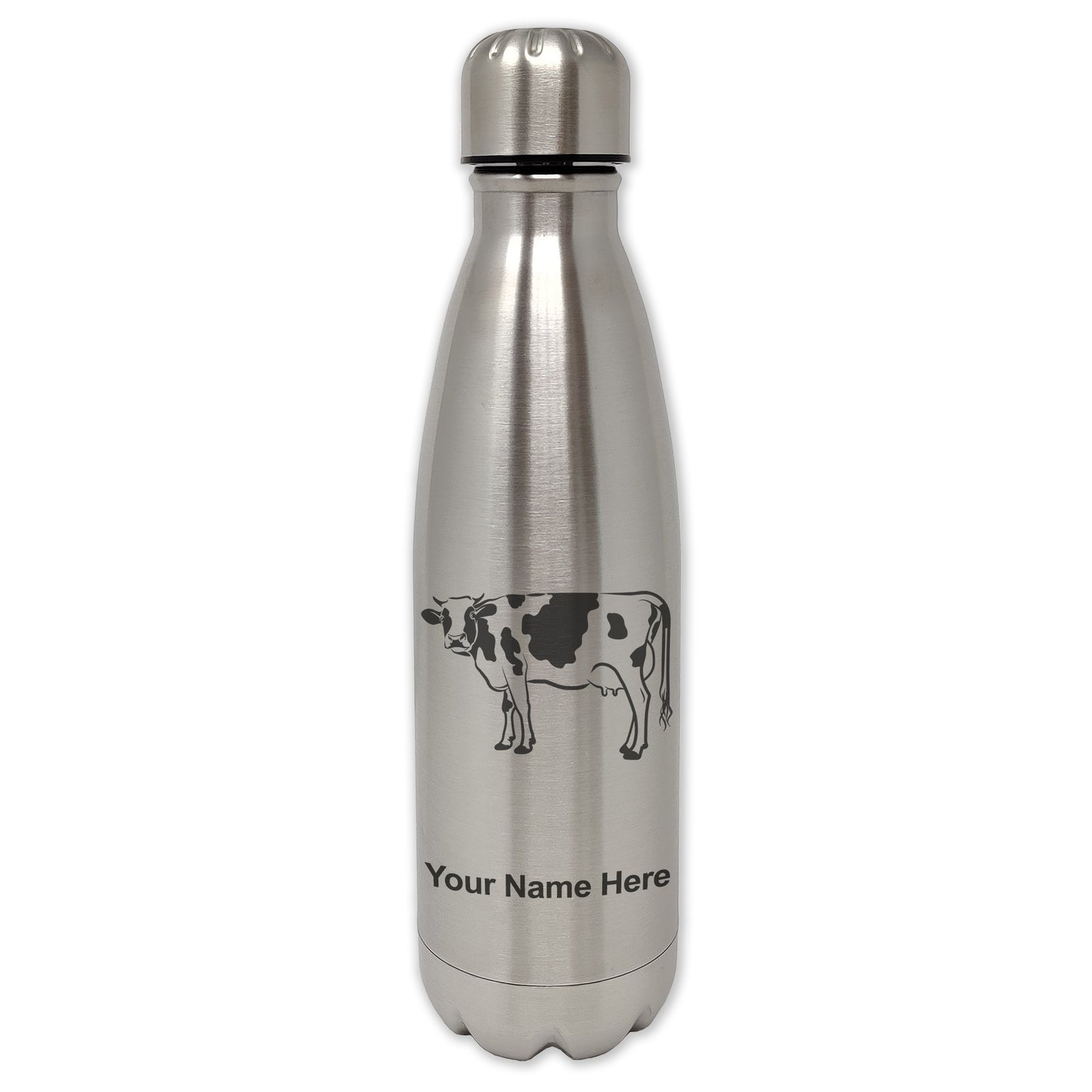 LaserGram Double Wall Water Bottle, Cow, Personalized Engraving Included