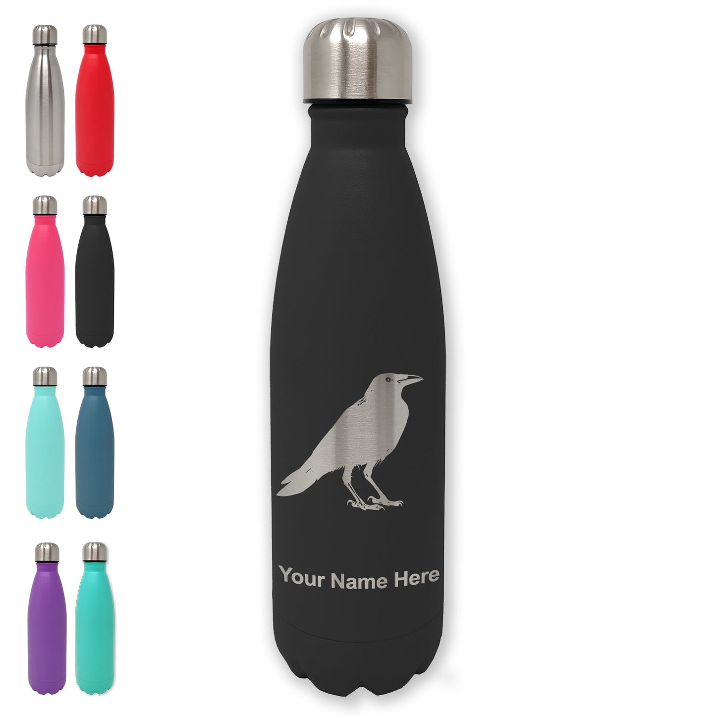 LaserGram Double Wall Water Bottle, Crow, Personalized Engraving Included