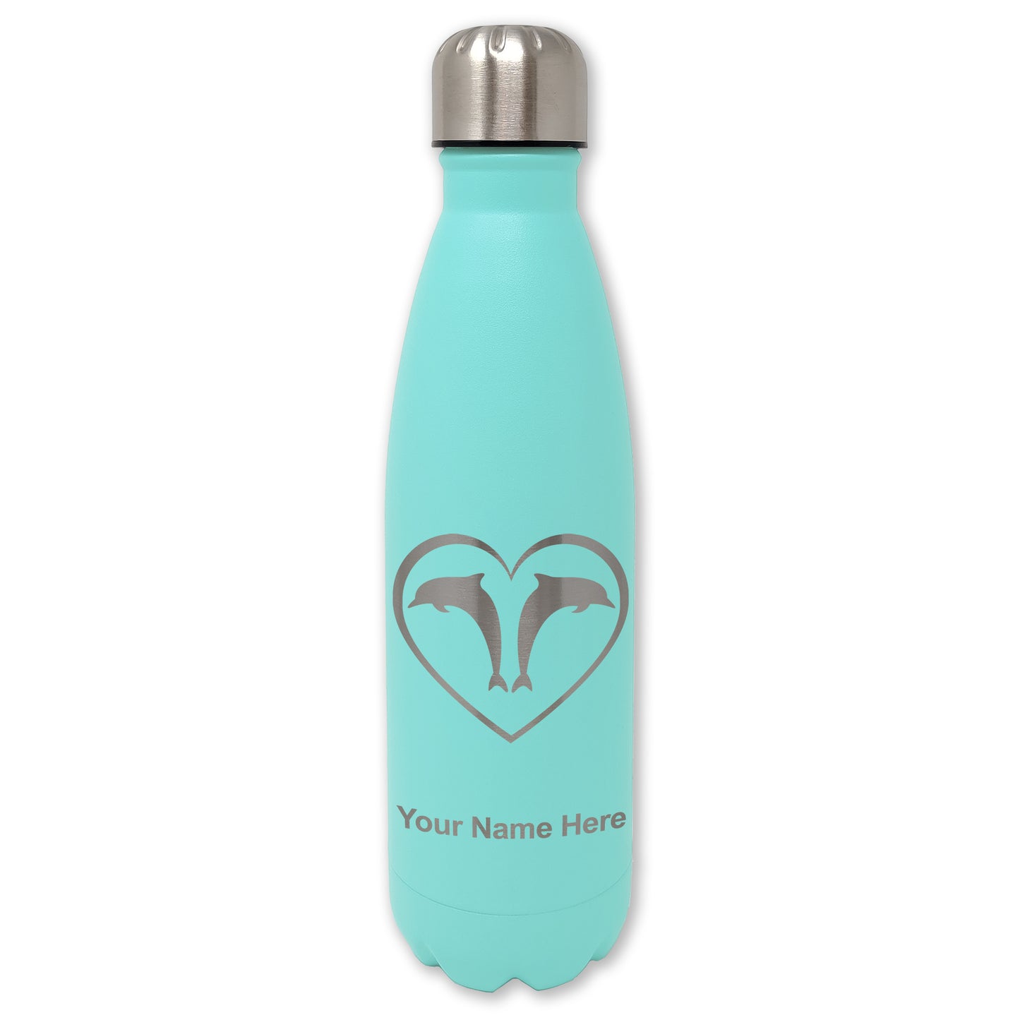 LaserGram Double Wall Water Bottle, Dolphin Heart, Personalized Engraving Included