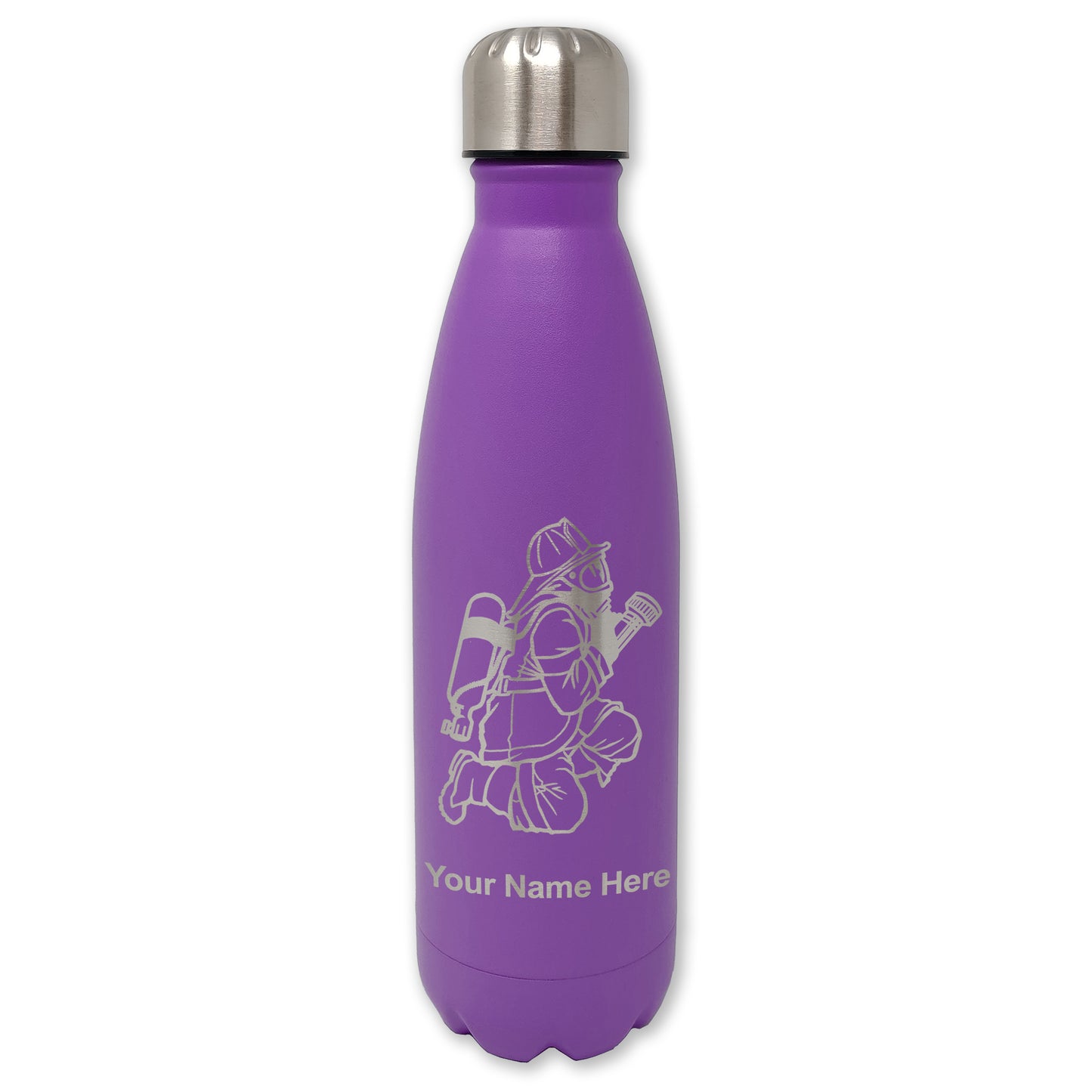 LaserGram Double Wall Water Bottle, Fireman with Hose, Personalized Engraving Included