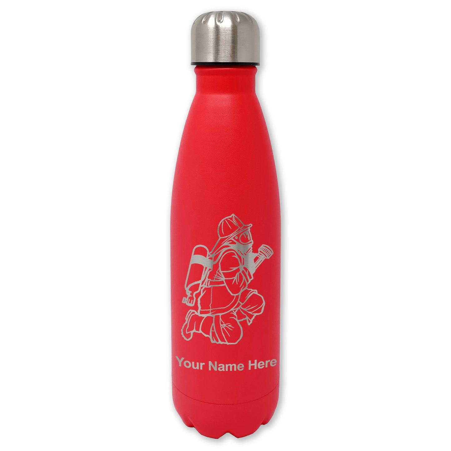 LaserGram Double Wall Water Bottle, Fireman with Hose, Personalized Engraving Included